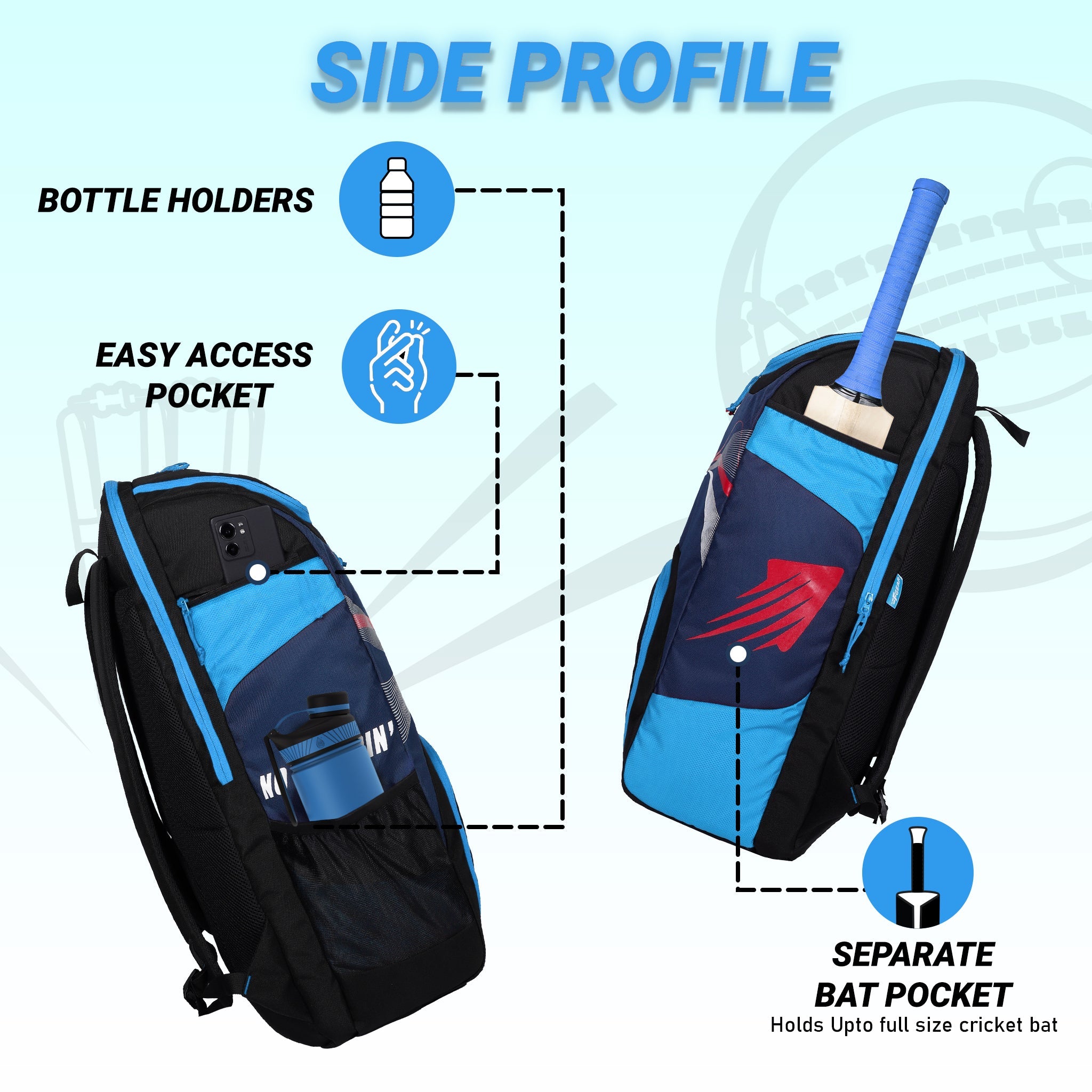 Bradman Blue Navy Cricket Kitbag for Youth |Player Edition 2 Bat Pocket Shoe Pocket |Big Main Comp Fit 15.5 inch Leg Pad |Bottle Holders |Easy Access Pocket