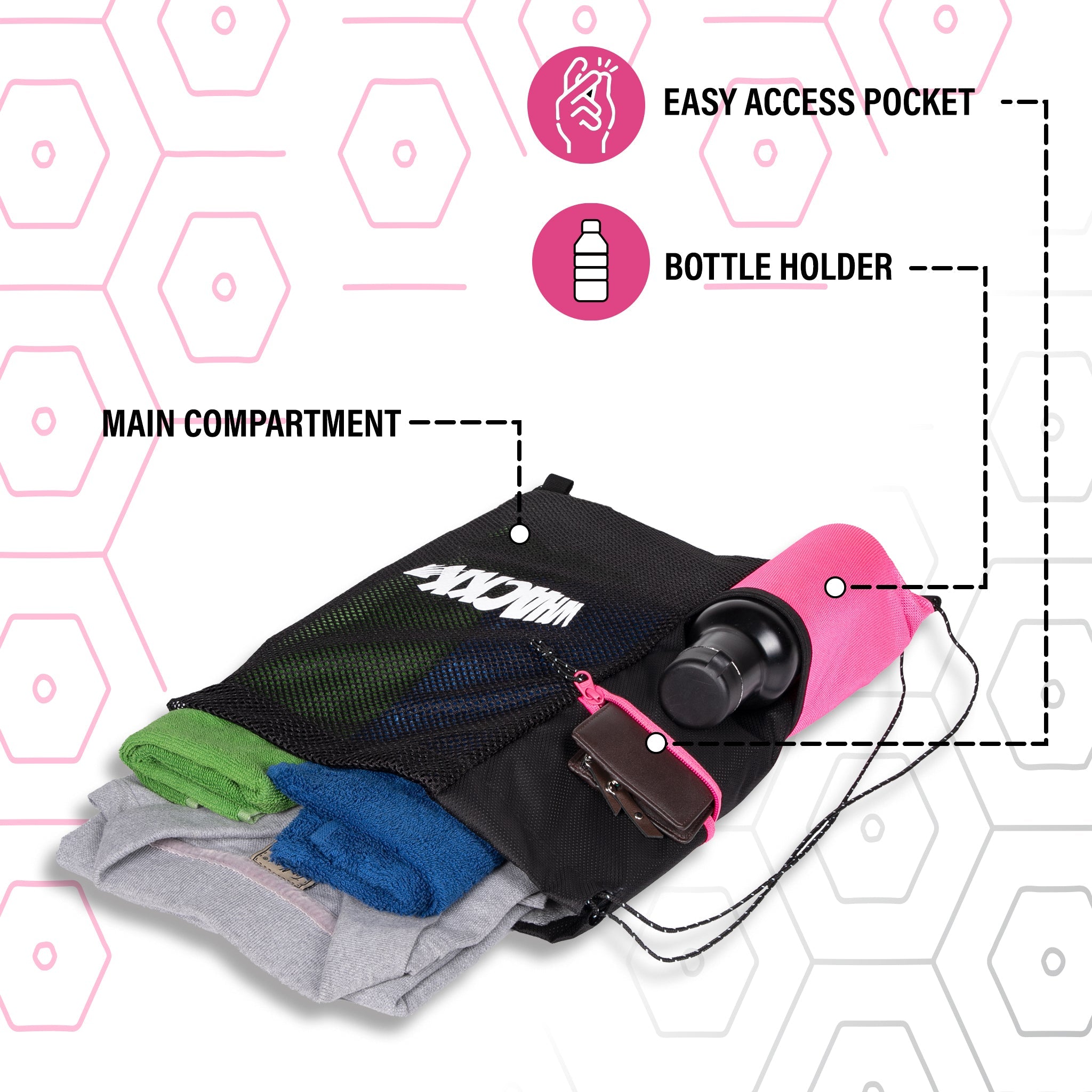 Joss 9L Pink Grey |Sports Bag|Swimming Equipment Bags|Netball Bags|Dry Bags|Drawstring Bag for Shoes & Clothes|Sports Gear|Accessory Pocket |Gym Bag |Tuition Bag|1 Bottle Holder