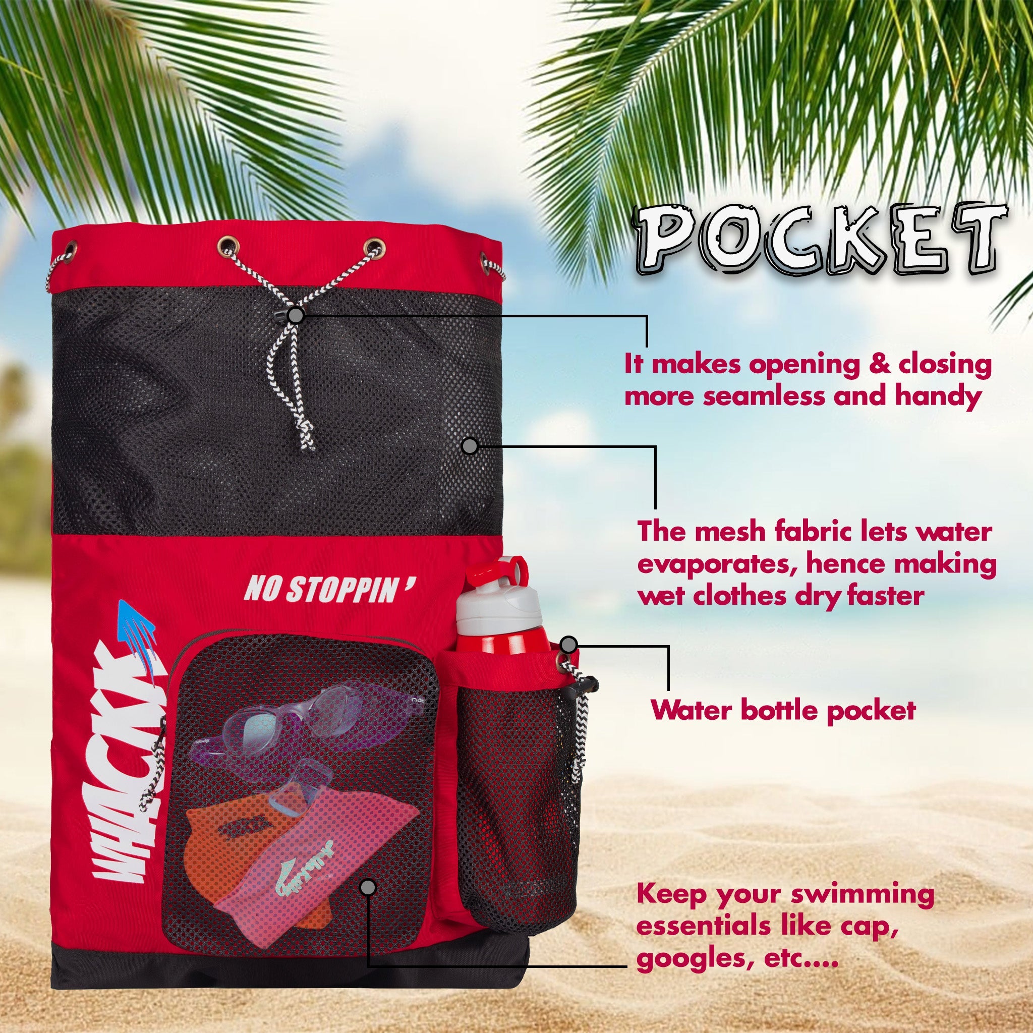 Aqua Red Black Unisex Swimming Equipment Bag|Water Sports|Dry Bags|Wet Pocket|Accessories|Beach Bag|Storage Swim Gym Gears|Drawstring Backpack|Netball Backpack|Pocket for Cap and Goggles