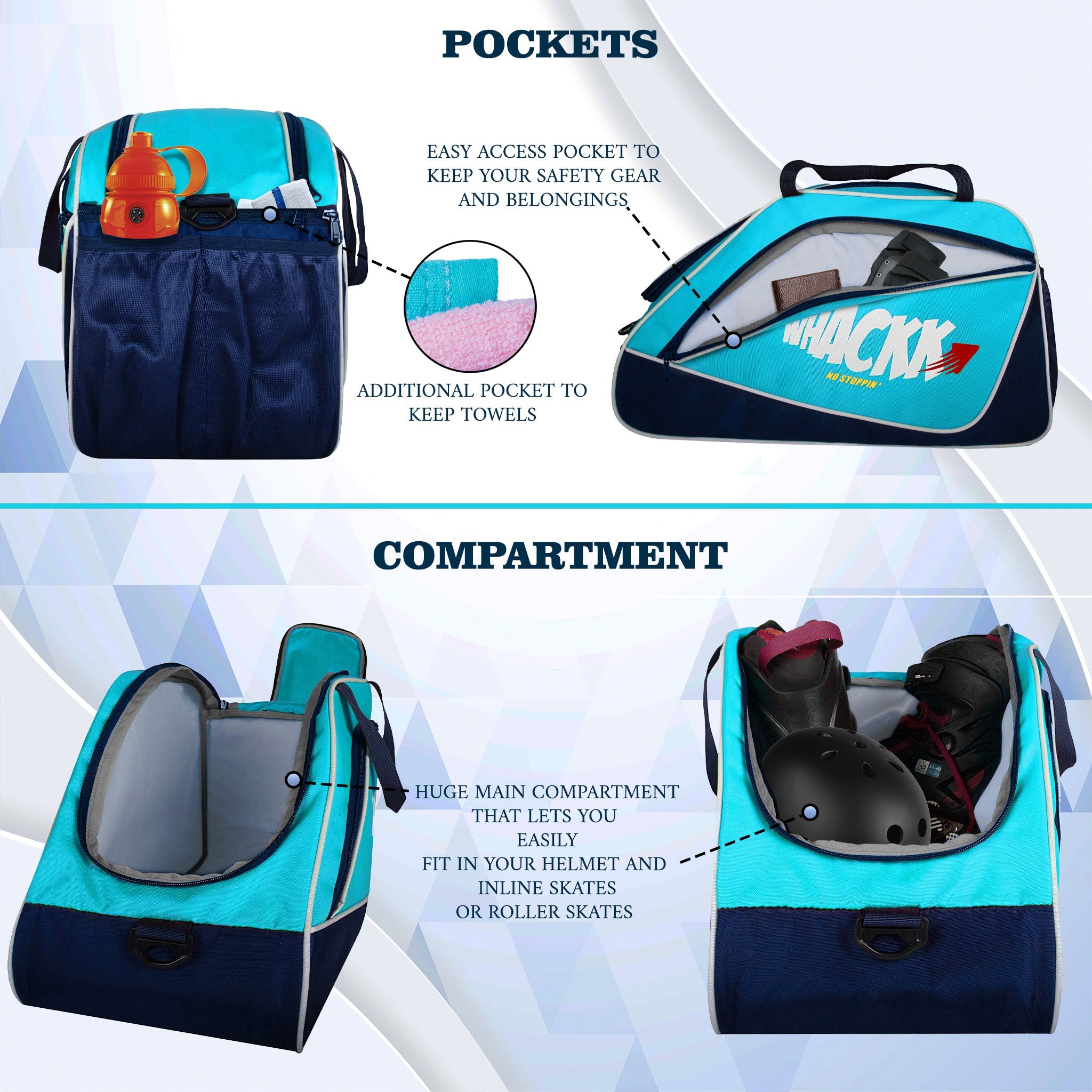 Flip Senior Blue 33L|Skating/Gym/Sports/Travel Bag|Inline Roller Equipment Bag|Quad Ice Skates Kit|KitbagEasy Access Pocket|2 Bottle Holders|Compartment Fits in Helmet & Skates 11"