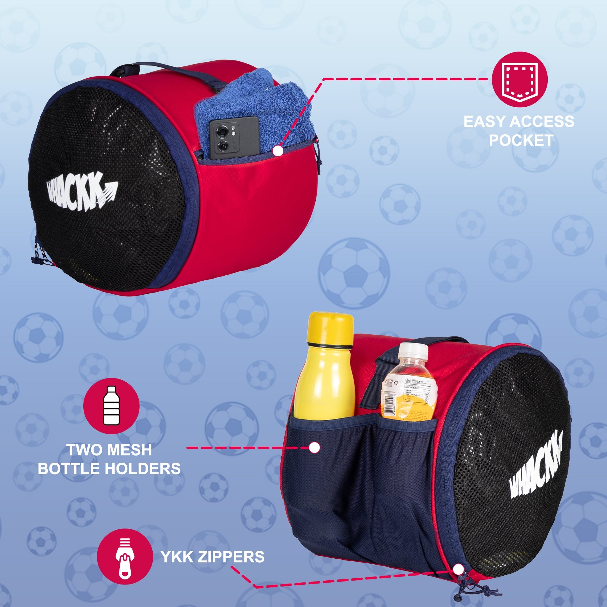Kick Soccer Red Navy Football Equipment Bags|Basketball Volleyball Bags |Adjustable Strap Backpack |Easy Access Pocket Mesh Bottle Holders | Ball Bag |Kitbag |Bag