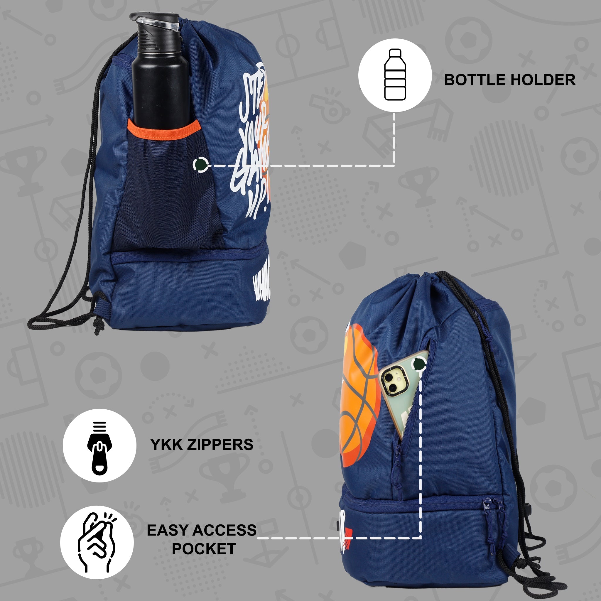 Blitz Blue Soccer|Football Equipment Bags|Basketball Volleyball Throwball Drawstring Backpack Bags|Shoes Mobile Bottle Holder Pocket|Sports Men Boys Bag|Dori Backpack |Gym Bag|Kitbag Kit Bag