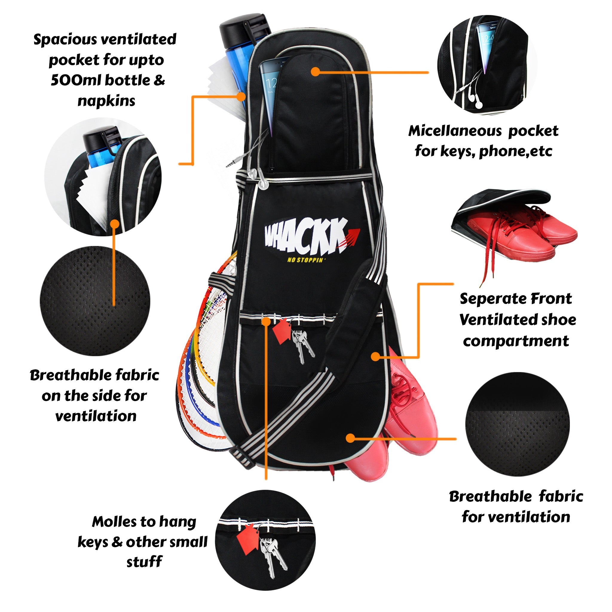 Smash 37L Black | Unisex Lightwieght Tennis Badminton Squash Equipment Cover Kit Bag Shoe Pocket | Air Ventilated Pocket for Wet Clothes | 4T 6B Racket | Backpack & Duffel