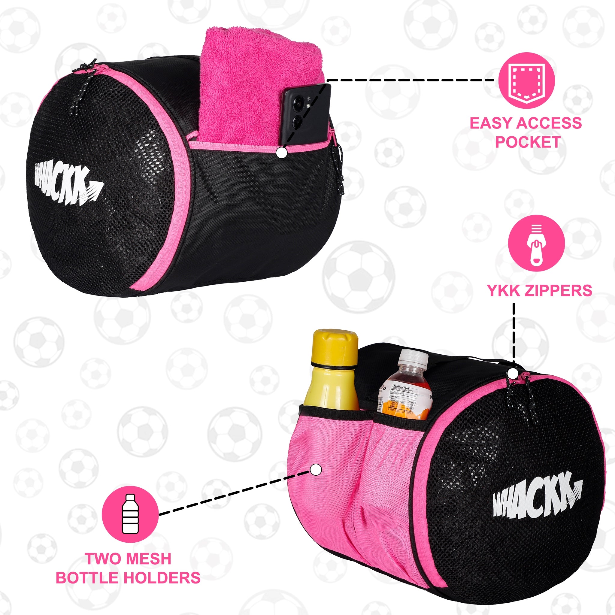 Kick Soccer Pink Black Football Equipment Bags|Basketball Volleyball Bags |Adjustable Strap Backpack |Easy Access Pocket Mesh Bottle Holders | Ball Bag |Kitbag |Bag