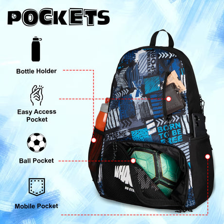 Thunderbolt 28L Blue Printed |Football Basketball Volleyball Equipment Backpack Bag|Kit Bag|Soccer Bag|Boys Kids Adult Men|Mesh Shoe or Ball Pocket|Bottle Holder| Easy Access Pocket