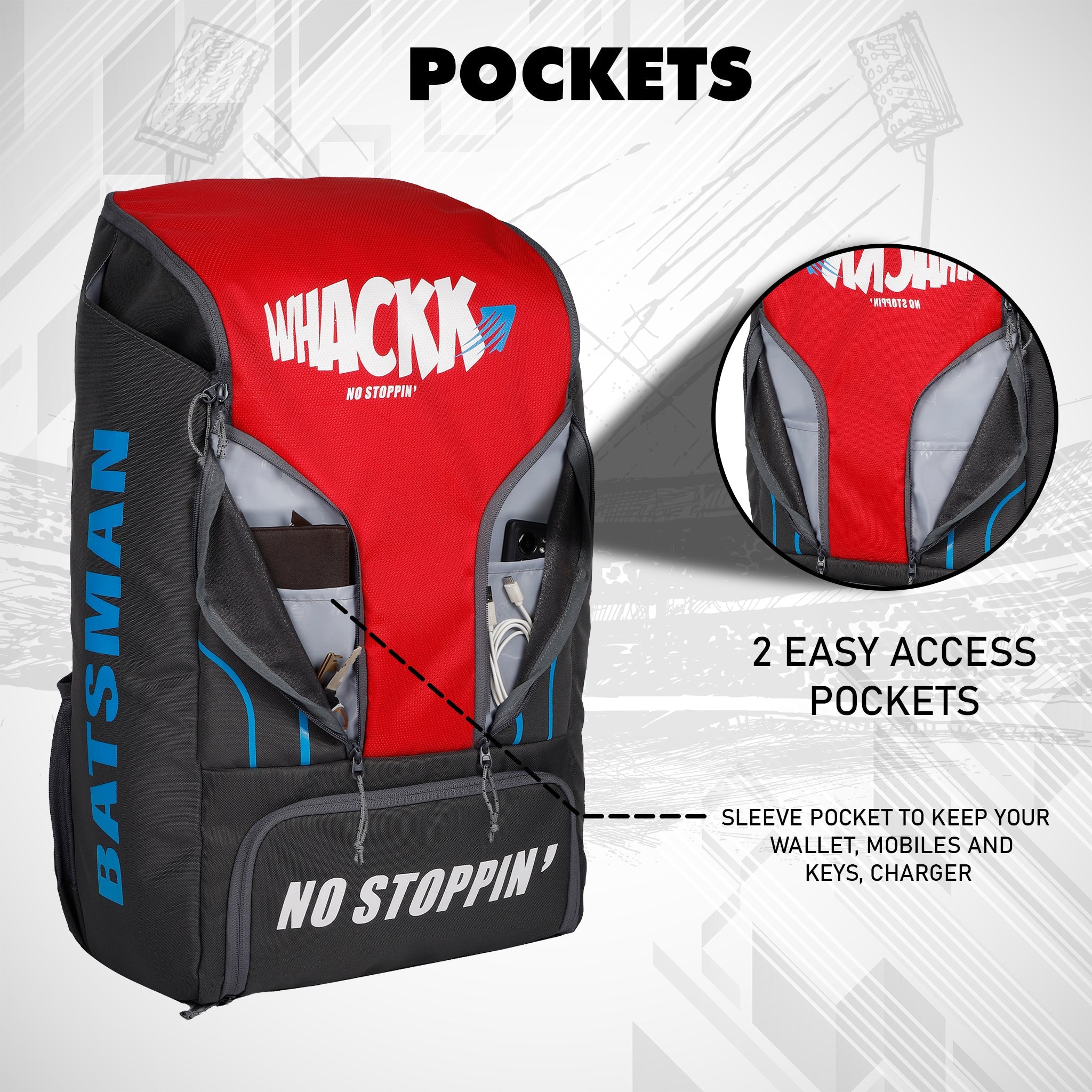 Batsman Grey Red Cricket|Cricket Kit Bag Backpack |Juniour & Youth Kitbag |Player Edition 2 Bat Pockets Shoe Pocket |Big Main Comp. Fits 15.5 inch Leg Pad|2 Bottle Holders