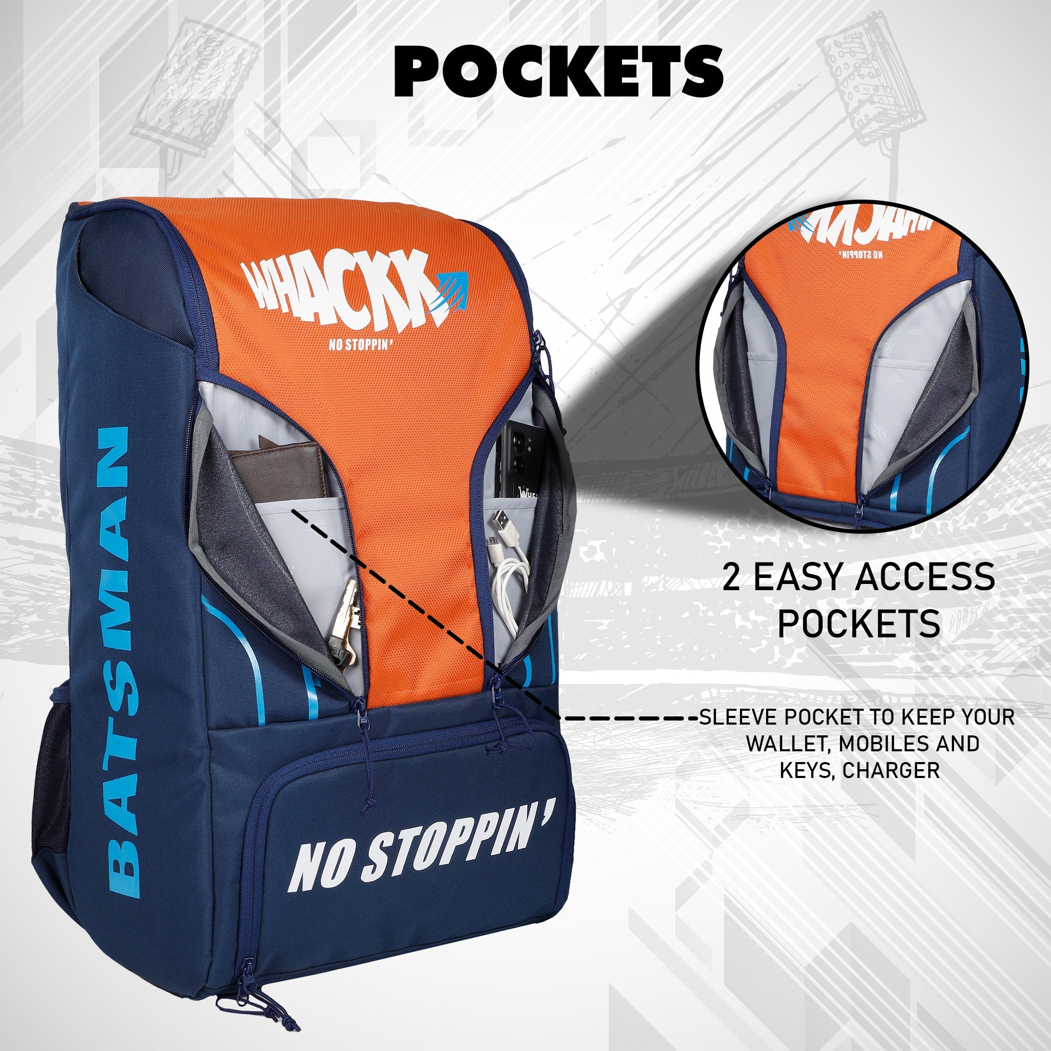 Batsman Navy Orange Cricket Kit Bag Backpack |Juniour & Youth Kitbag |Player Edition 2 Bat Pockets Shoe Pocket |Big Main Comp. Fits 15.5 inch Leg Pad|2 Bottle Holders