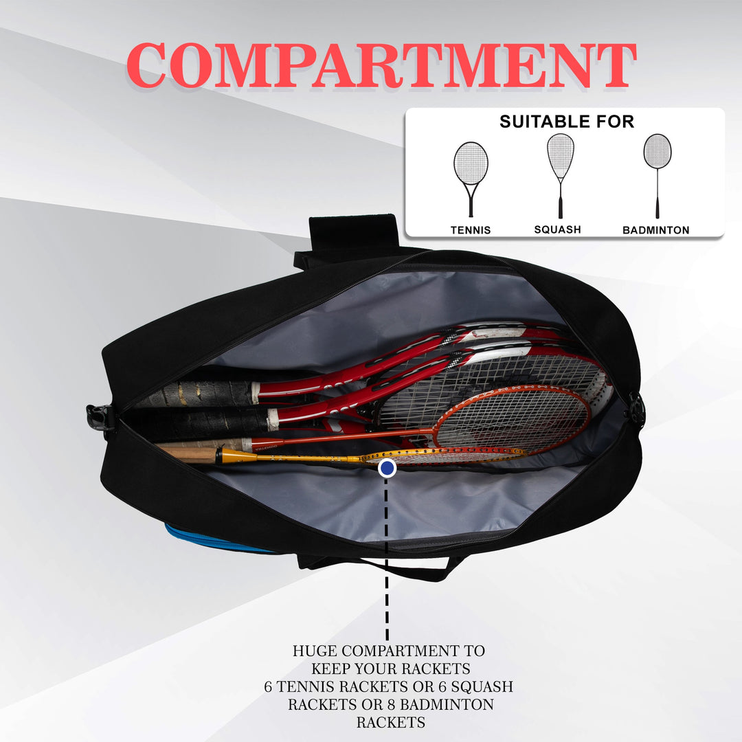 Drive Red Black | Unisex Lightwieght Tennis Badminton Squash Equipment Cover Kit Bag Shoe Pocket | Air Ventilated Pocket for Wet Clothes | 4T 6B Racket | Backpack & Duffel
