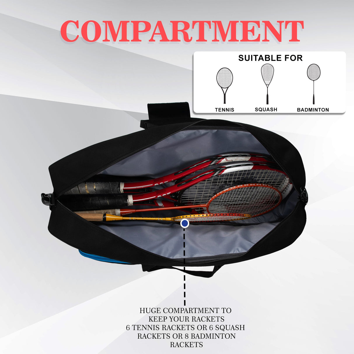 Drive Red Black | Unisex Lightwieght Tennis Badminton Squash Equipment Cover Kit Bag Shoe Pocket | Air Ventilated Pocket for Wet Clothes | 4T 6B Racket | Backpack & Duffel