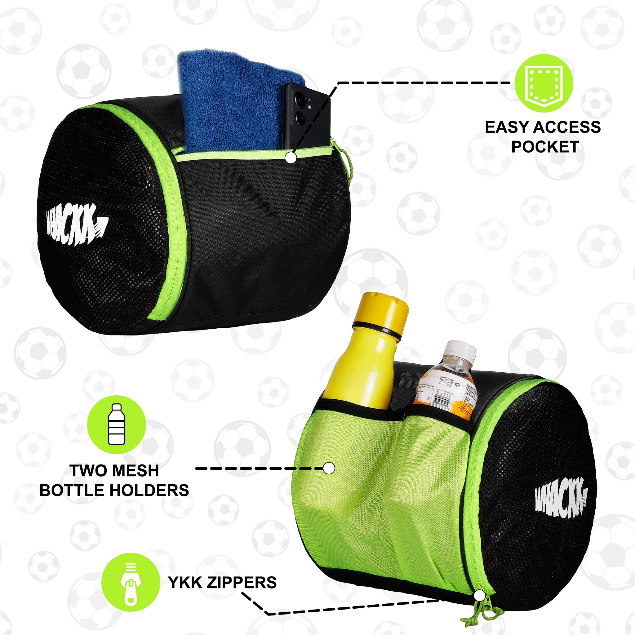 Kick Soccer Green Black Football Equipment Bags|Basketball Volleyball Bags |Adjustable Strap Backpack |Easy Access Pocket Mesh Bottle Holders | Ball Bag |Kitbag |Bag