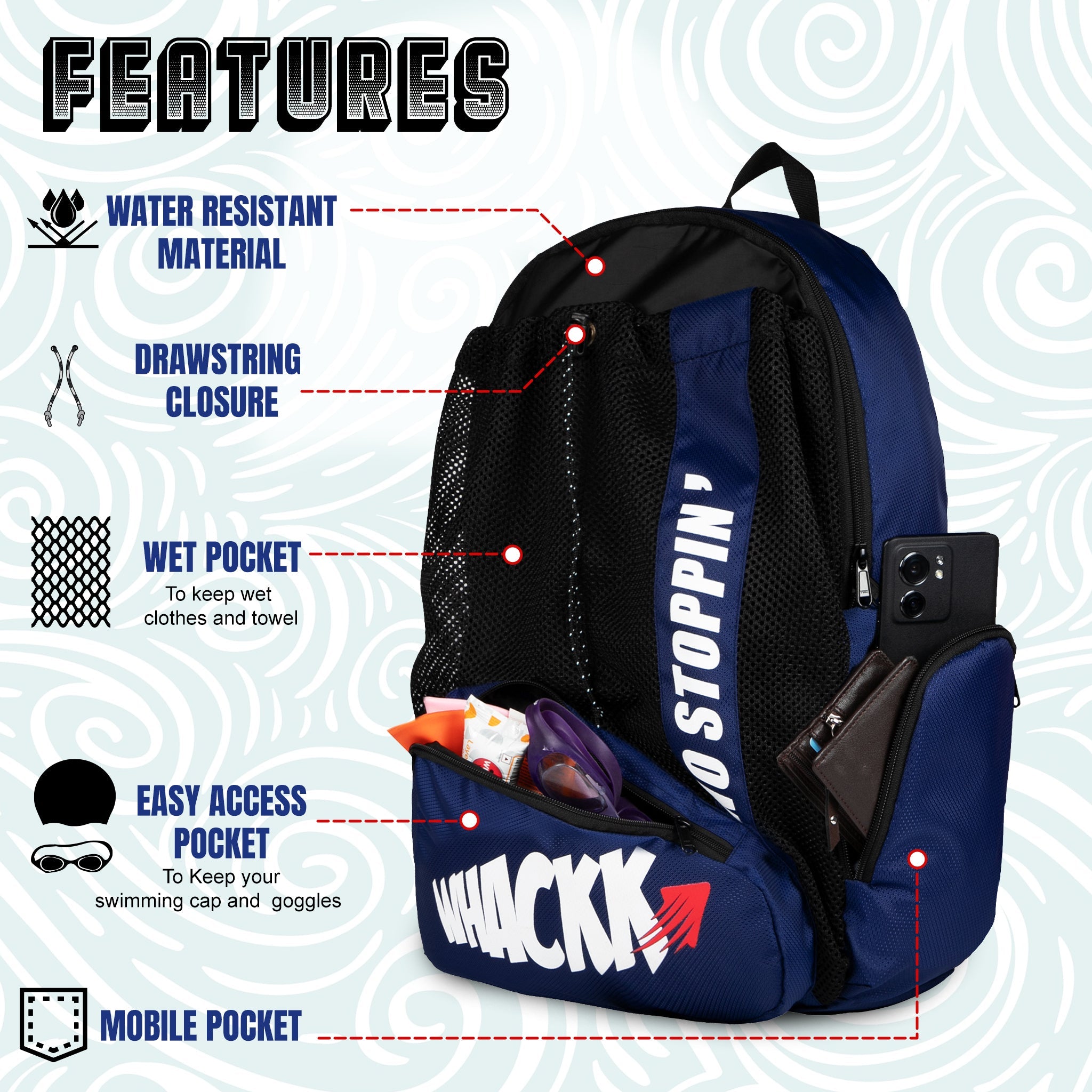 Dolphin Navy Black 26L Unisex Swimming Gym Equipment Backpack |Diving Surfing Sports Bag|Separate Wet Dry Compart|Pocket for Cap & Goggles|Lightweight|Water Resistant|for Men Women