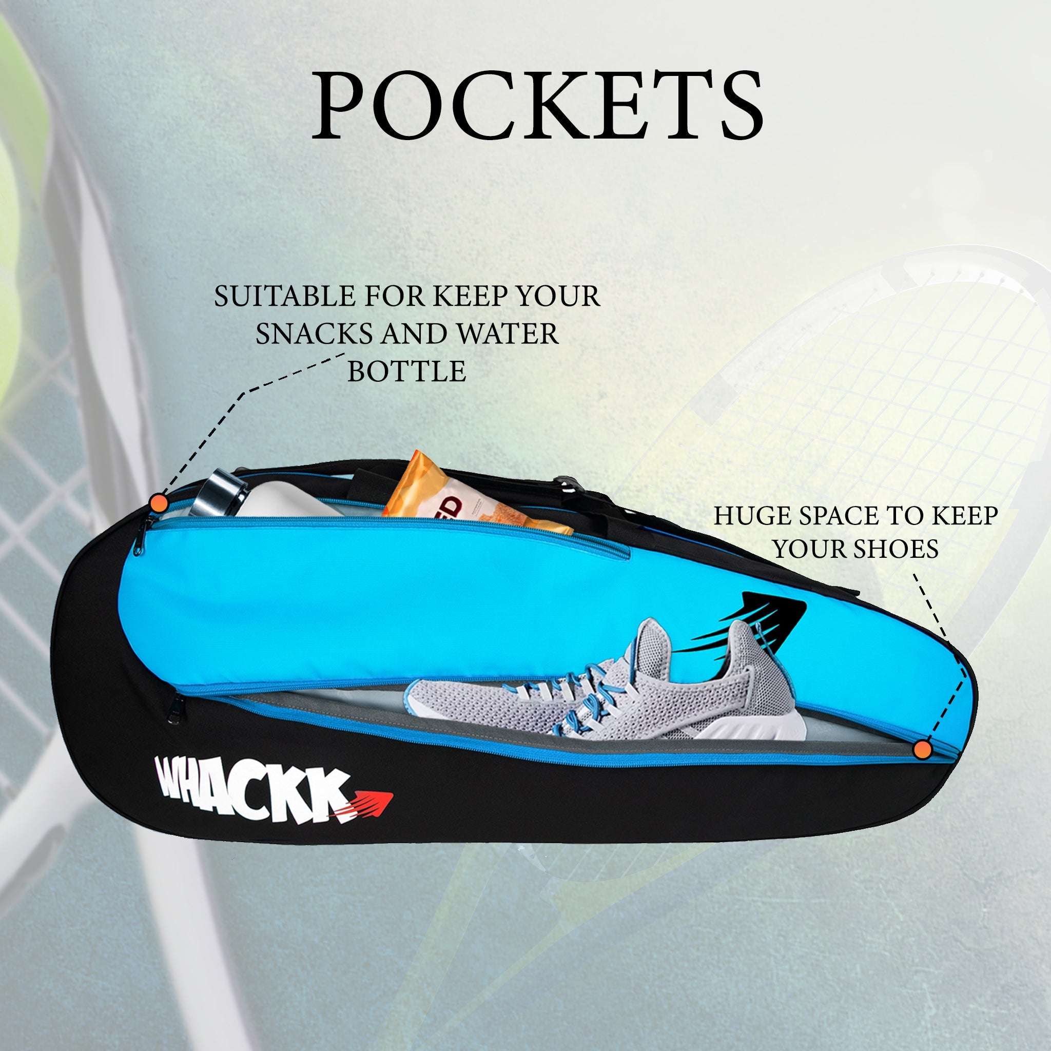 Birdie 45L Black Blue| Unisex Lightweight Tennis Badminton Squash Equipment Cover Kit Bag Shoe Pocket | Air Ventilated Pocket for Wet Clothes | 4T 6B Racket | Backpack & Duffel