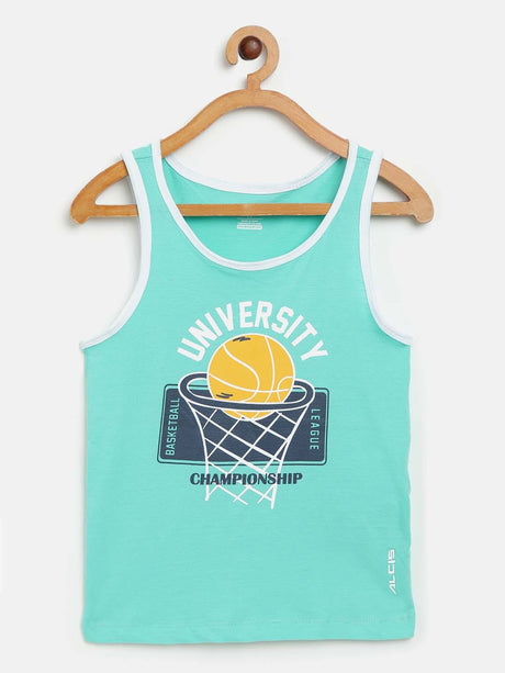 Alcis Boys Sea Green Navy Basketball Print Round Neck Outdoor T-shirt | Alcis