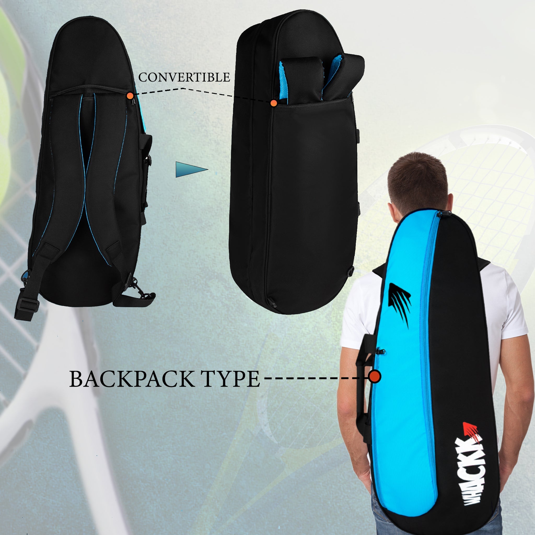 Birdie 45L Black Blue| Unisex Lightweight Tennis Badminton Squash Equipment Cover Kit Bag Shoe Pocket | Air Ventilated Pocket for Wet Clothes | 4T 6B Racket | Backpack & Duffel