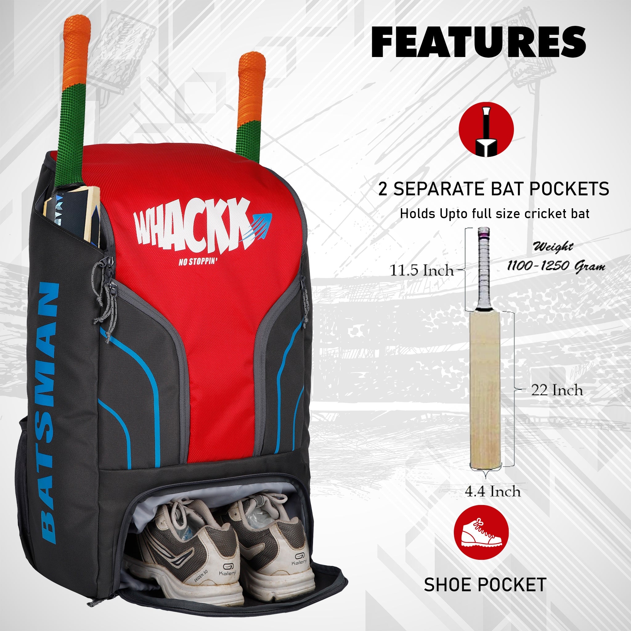 Batsman Grey Red Cricket|Cricket Kit Bag Backpack |Juniour & Youth Kitbag |Player Edition 2 Bat Pockets Shoe Pocket |Big Main Comp. Fits 15.5 inch Leg Pad|2 Bottle Holders