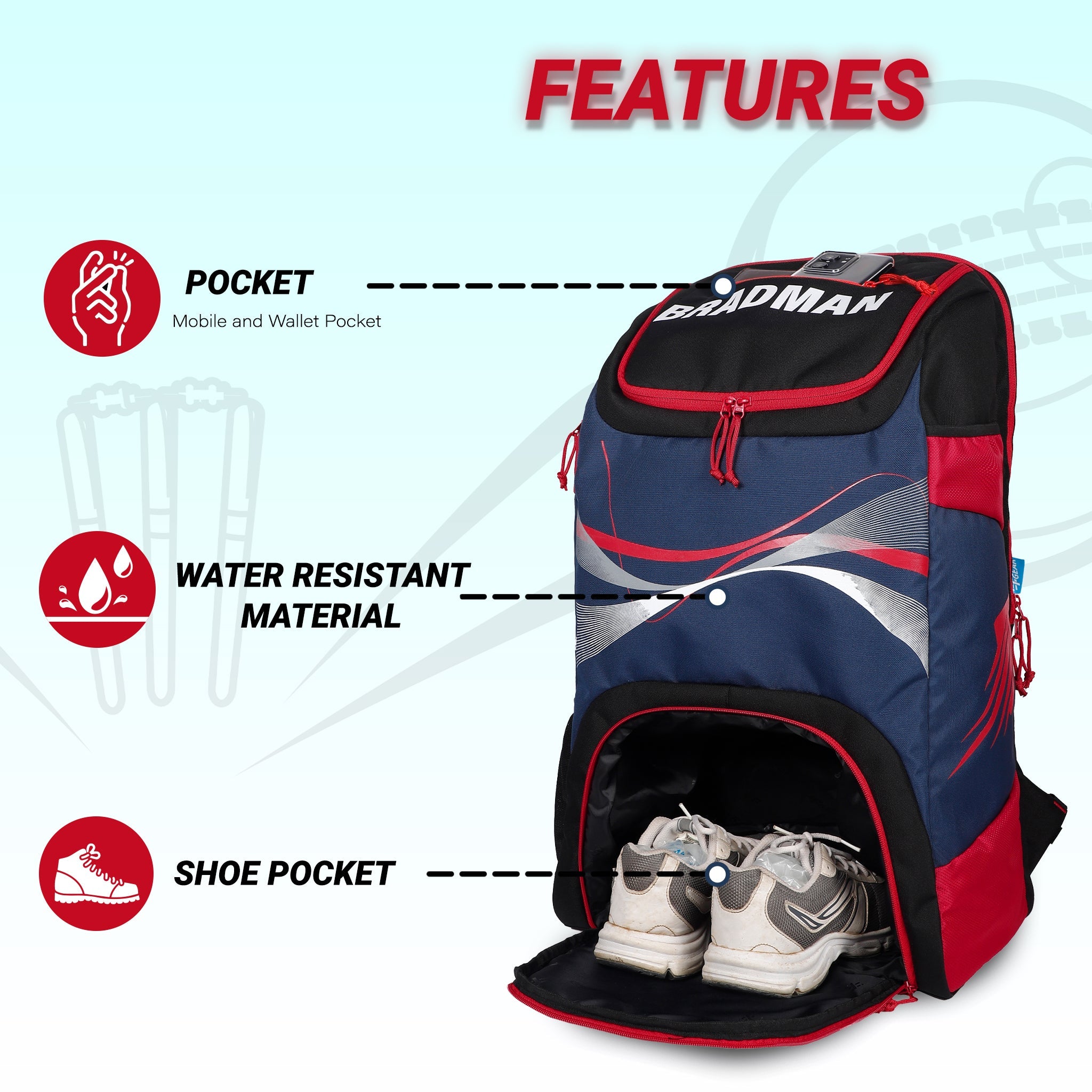Bradman Blue Red Cricket Kitbag for Youth |Player Edition 2 Bat Pocket Shoe Pocket |Big Main Comp Fit 15.5 inch Leg Pad |Bottle Holders |Easy Access Pocket