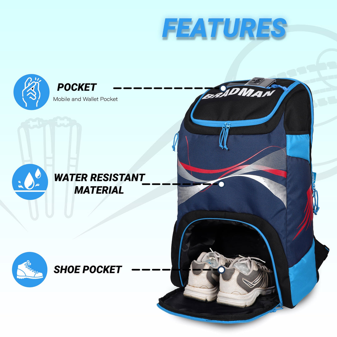 Bradman Blue Navy Cricket Kitbag for Youth |Player Edition 2 Bat Pocket Shoe Pocket |Big Main Comp Fit 15.5 inch Leg Pad |Bottle Holders |Easy Access Pocket