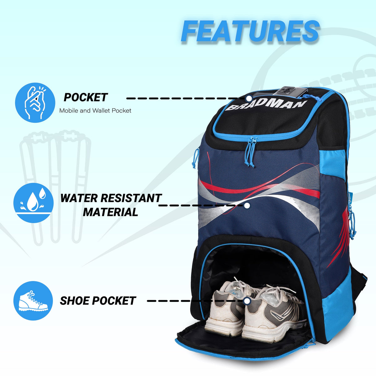 Bradman Blue Navy Cricket Kitbag for Youth |Player Edition 2 Bat Pocket Shoe Pocket |Big Main Comp Fit 15.5 inch Leg Pad |Bottle Holders |Easy Access Pocket