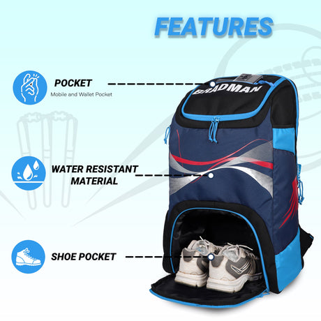 Bradman Blue Navy Cricket Kitbag for Youth |Player Edition 2 Bat Pocket Shoe Pocket |Big Main Comp Fit 15.5 inch Leg Pad |Bottle Holders |Easy Access Pocket