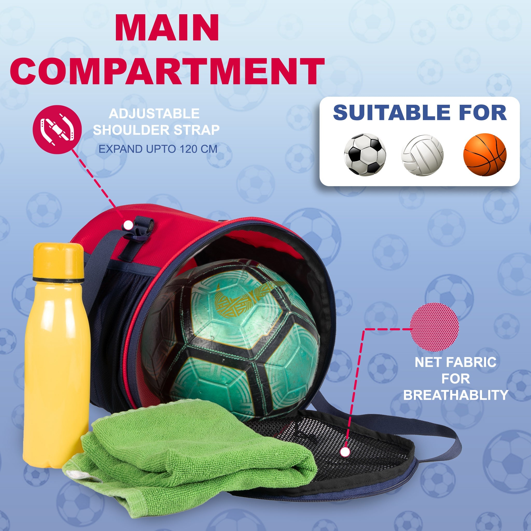 Kick Soccer Red Navy Football Equipment Bags|Basketball Volleyball Bags |Adjustable Strap Backpack |Easy Access Pocket Mesh Bottle Holders | Ball Bag |Kitbag |Bag