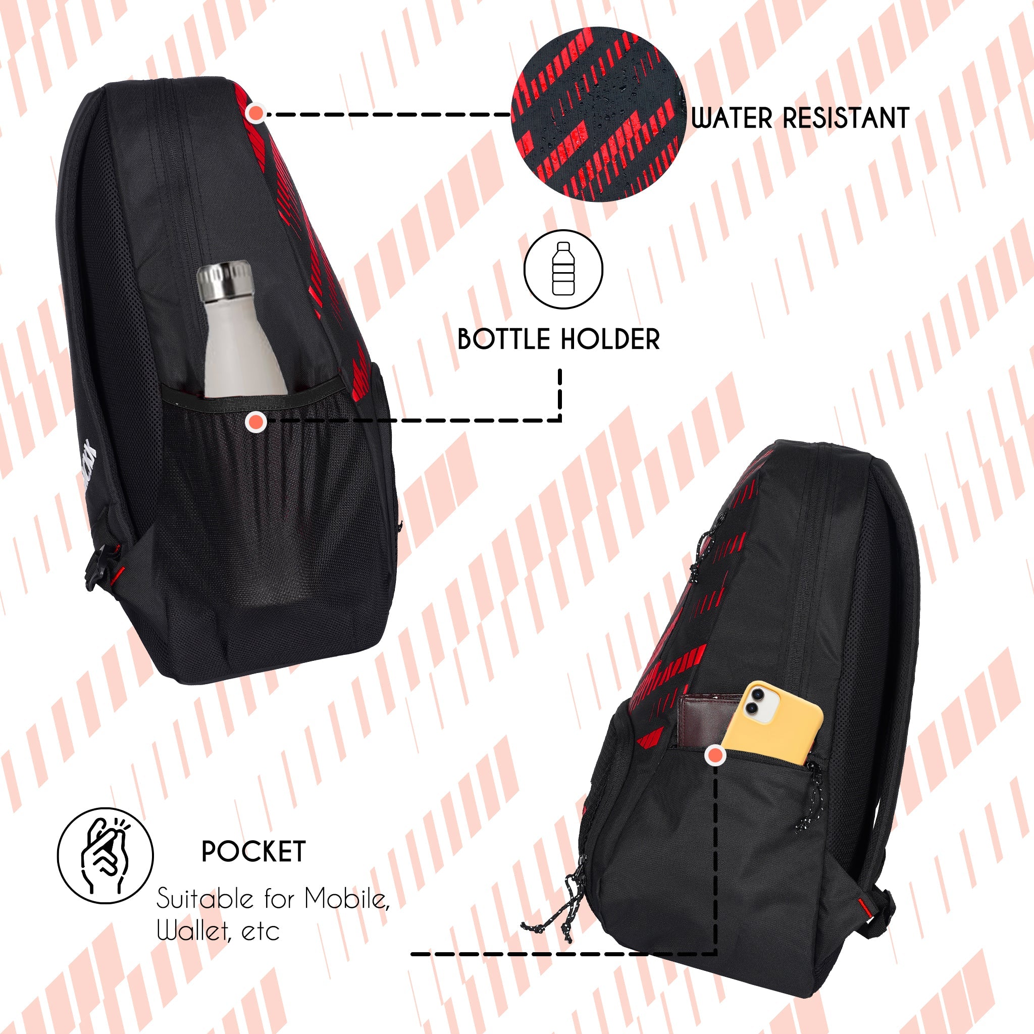 Thunderbolt 28L Red |Football Basketball Volleyball Equipment Backpack Bag|Kit Bag|Soccer Bag|Boys Kids Adult Men|Mesh Shoe or Ball Pocket|Bottle Holder| Easy Access Pocket