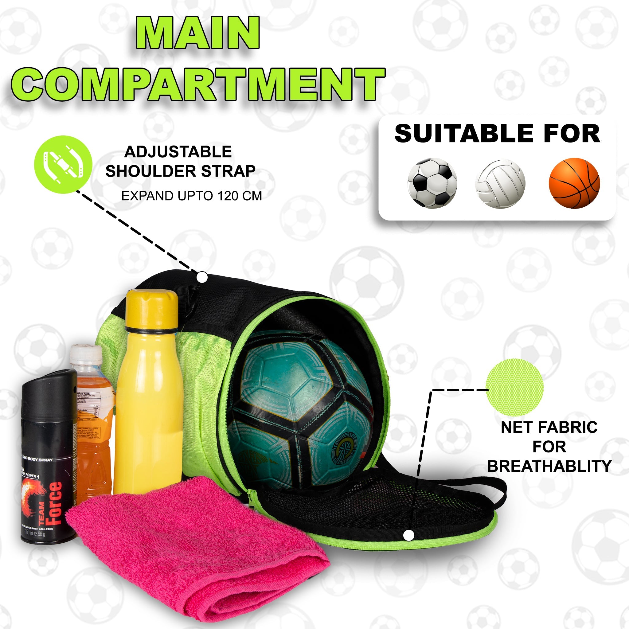 Kick Soccer Green Black Football Equipment Bags|Basketball Volleyball Bags |Adjustable Strap Backpack |Easy Access Pocket Mesh Bottle Holders | Ball Bag |Kitbag |Bag