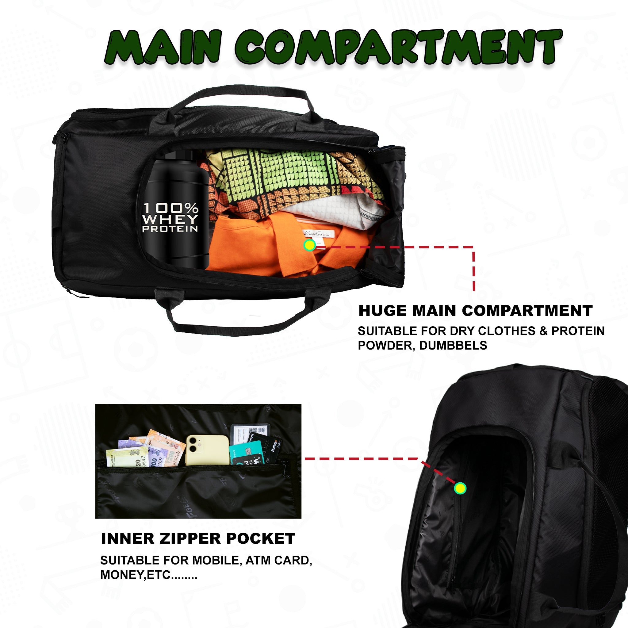 Arnold 40L Green Black |Gym Fitness Sports Workout Training Sports Travel Duffle Bag with Separate Shoe Pocket | Wet Dry Pocket | Multipurpose |Unisex | Lightweight | Kitbag |for Men Women