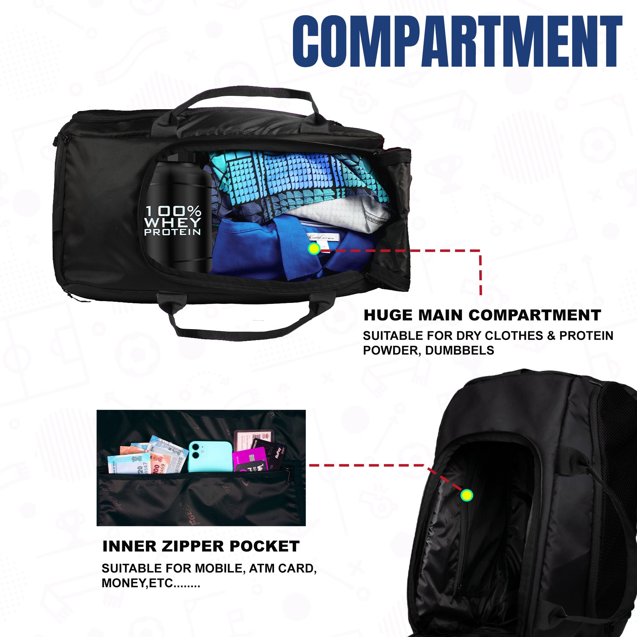 Arnold Blue Black 40L |Gym Fitness Sports Workout Training Sports Travel Duffle Bag with Separate Shoe Pocket | Wet Dry Pocket | Multipurpose |Unisex | Lightweight | Kitbag |for Men Women