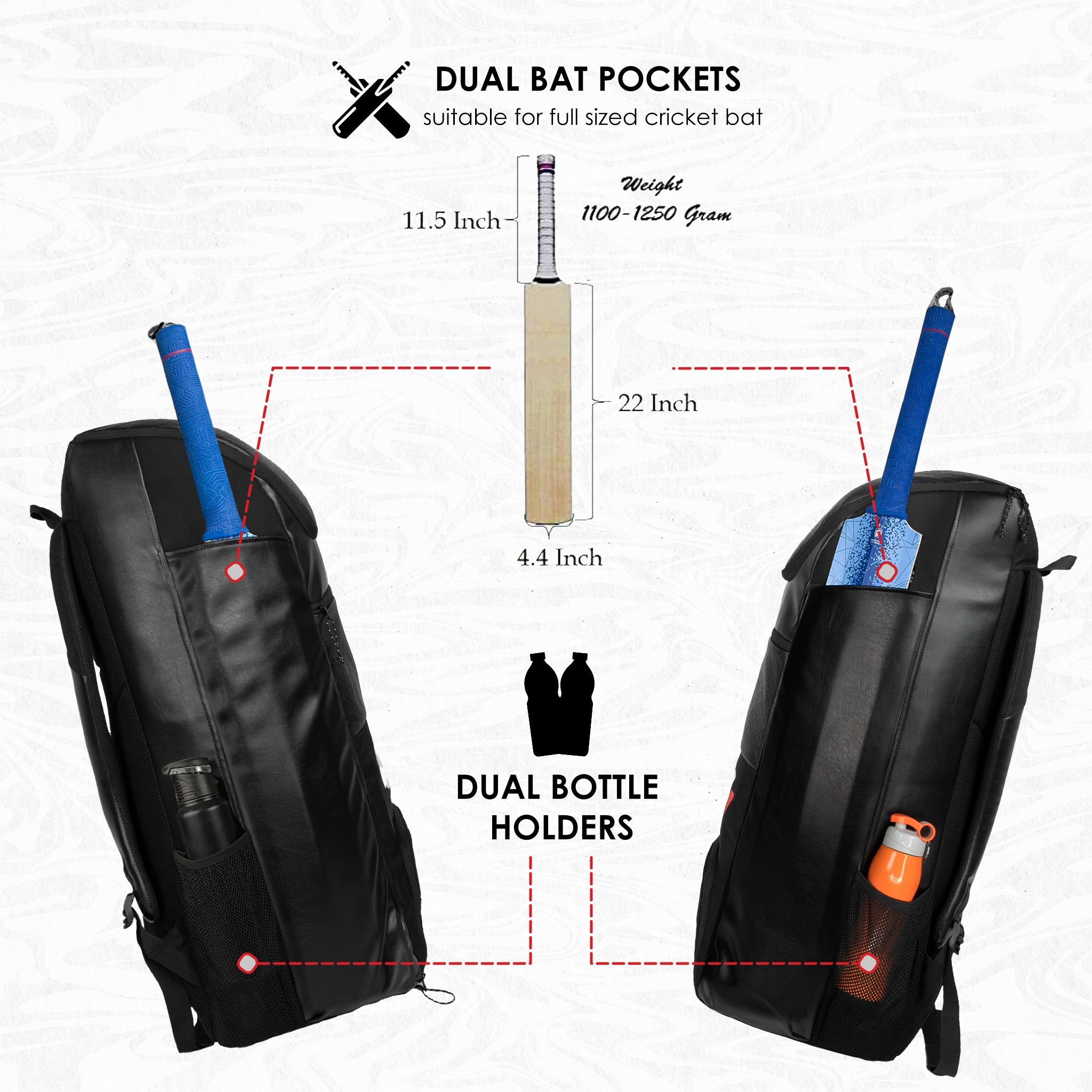 Lara Blk 72L | Premium Artificial Vegan Faux Leather Cricket Backpack|KitBag|Adult Size|2 Bat Pocket|Shoe/Helmet Pocket|Fit 18" Leg Pad 2 Bottle Holder|Easy Access|Player Senior,Black