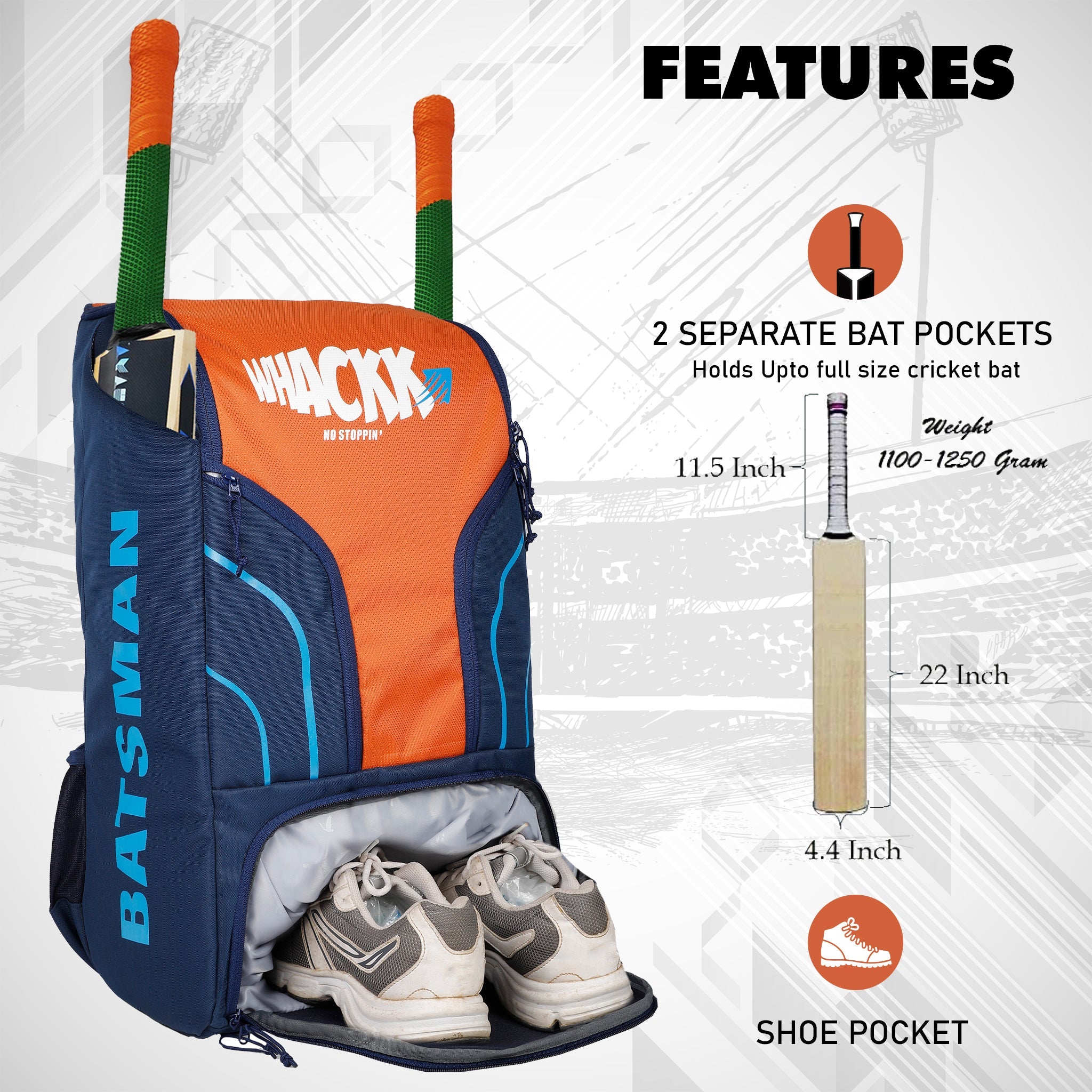 Batsman Navy Orange Cricket Kit Bag Backpack |Juniour & Youth Kitbag |Player Edition 2 Bat Pockets Shoe Pocket |Big Main Comp. Fits 15.5 inch Leg Pad|2 Bottle Holders