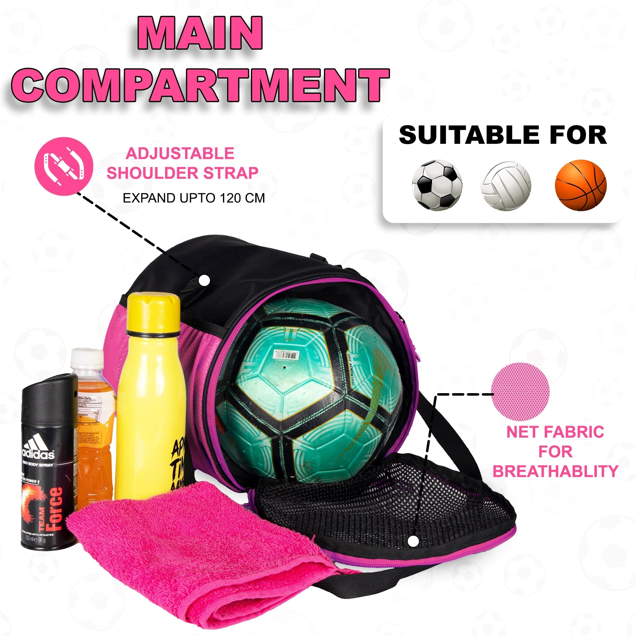Kick Soccer Pink Black Football Equipment Bags|Basketball Volleyball Bags |Adjustable Strap Backpack |Easy Access Pocket Mesh Bottle Holders | Ball Bag |Kitbag |Bag