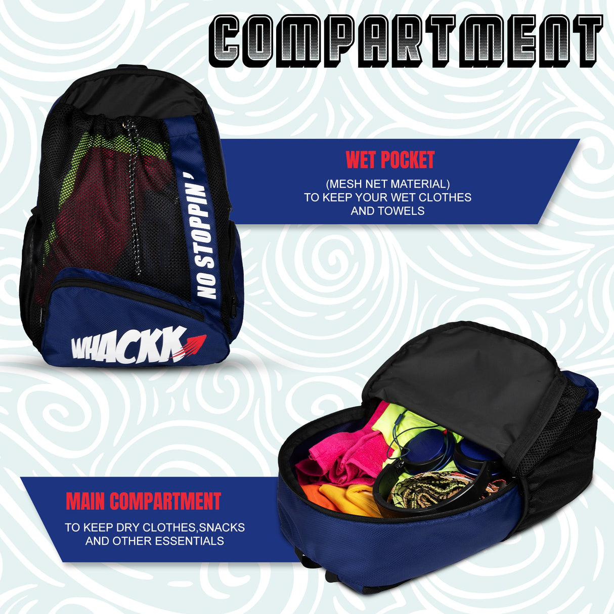 Dolphin Navy Black 26L Unisex Swimming Gym Equipment Backpack |Diving Surfing Sports Bag|Separate Wet Dry Compart|Pocket for Cap & Goggles|Lightweight|Water Resistant|for Men Women