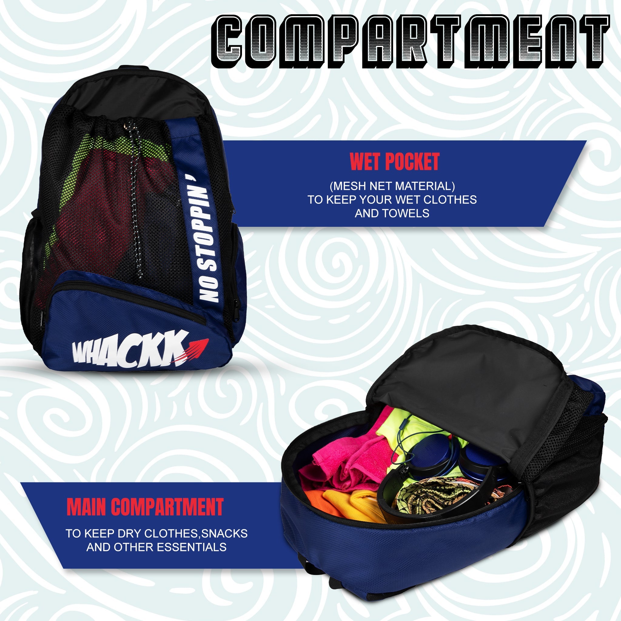 Dolphin Navy Black 26L Unisex Swimming Gym Equipment Backpack |Diving Surfing Sports Bag|Separate Wet Dry Compart|Pocket for Cap & Goggles|Lightweight|Water Resistant|for Men Women