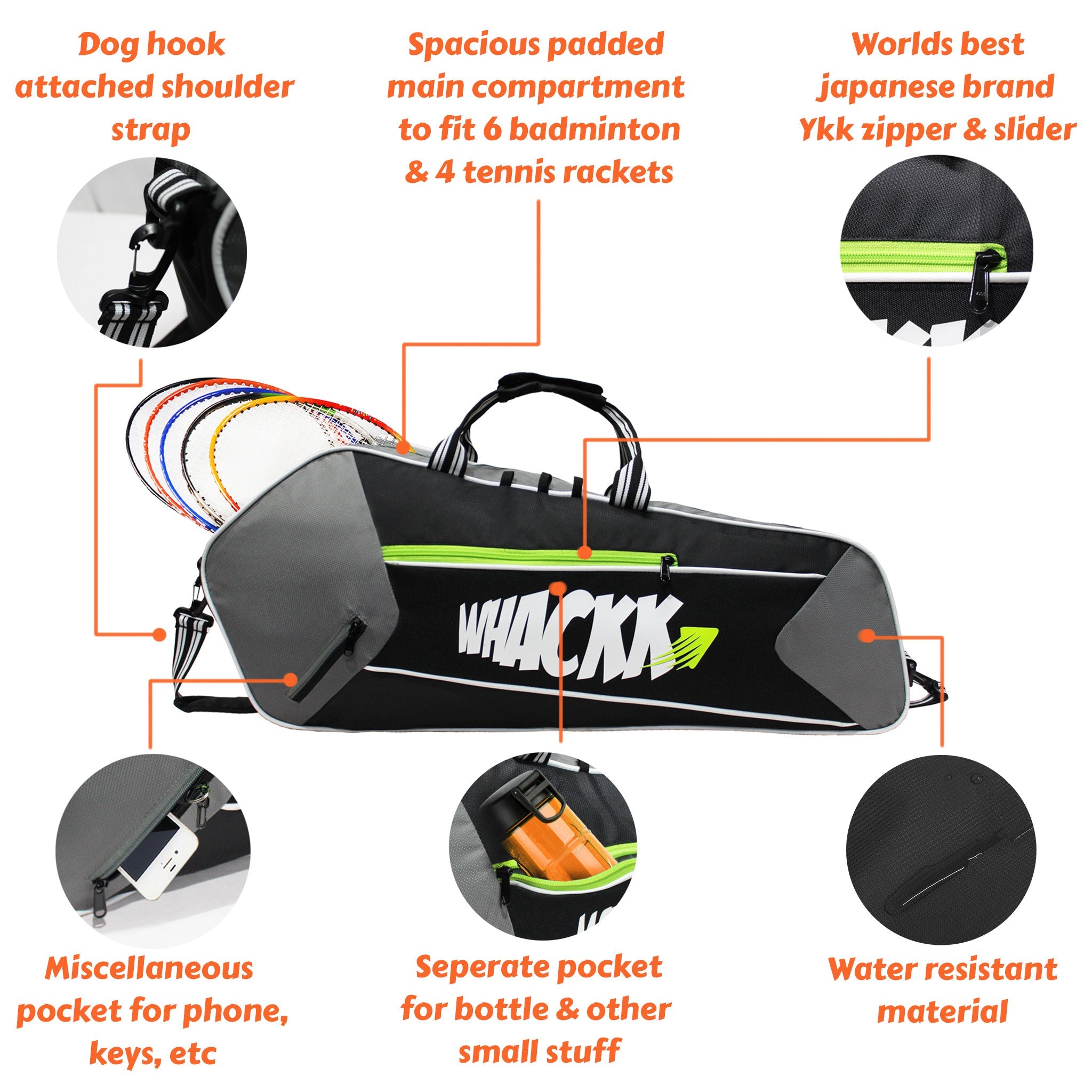 Break Point Black Grey Unisex Lightweight Stylish Tennis Badminton Squash Shuttle Equipment Kit Bag Cover | Water Bottle & Mobile Pocket |Rackets Tennis-4 Squash-4 Badminton-8