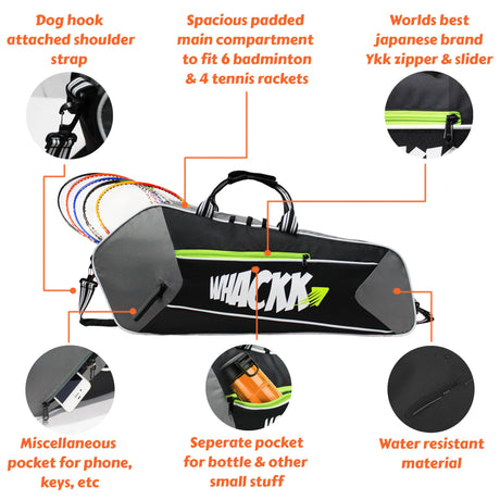 Break Point Black Grey Unisex Lightweight Stylish Tennis Badminton Squash Shuttle Equipment Kit Bag Cover | Water Bottle & Mobile Pocket |Rackets Tennis-4 Squash-4 Badminton-8