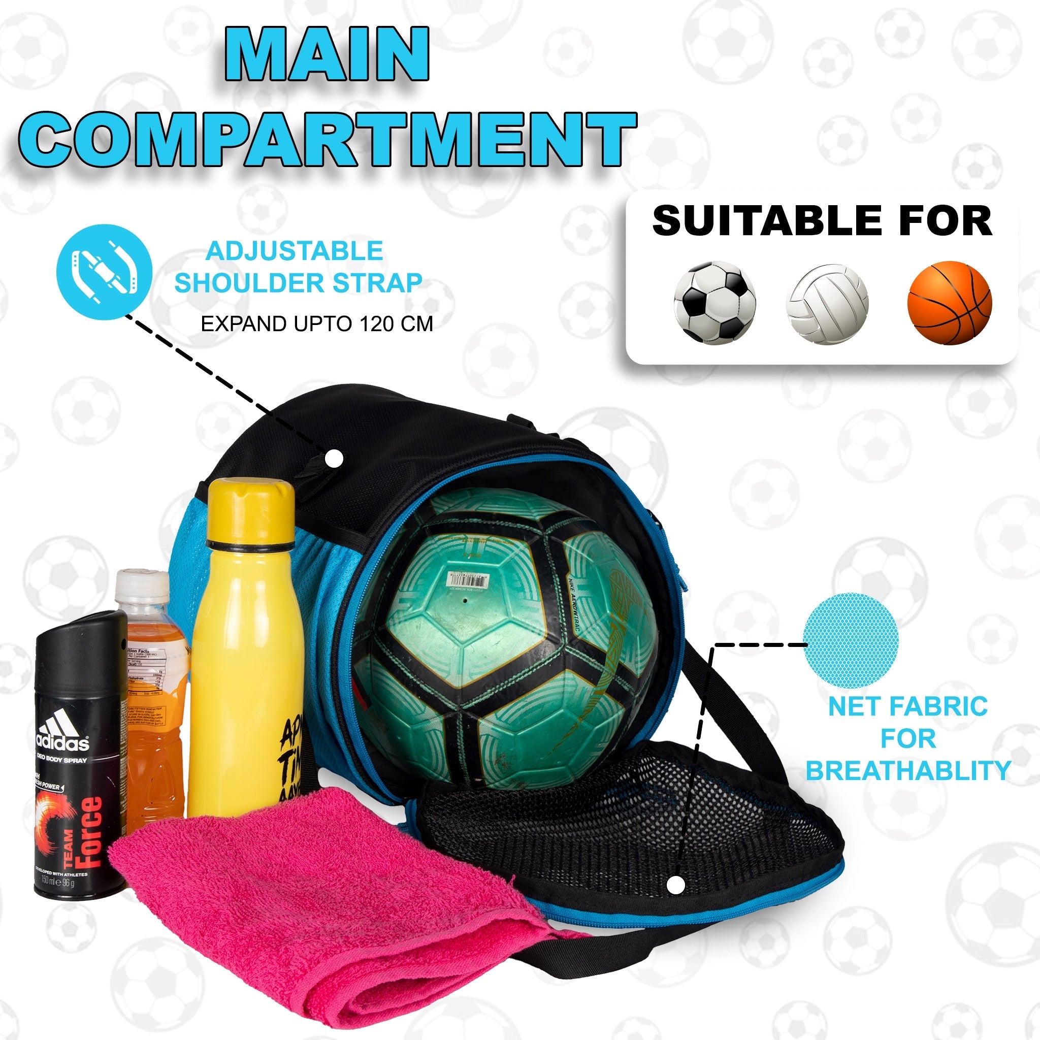 Kick Soccer Blue Black Football Equipment Bags|Basketball Volleyball Bags |Adjustable Strap Backpack |Easy Access Pocket Mesh Bottle Holders | Ball Bag |Kitbag |Bag