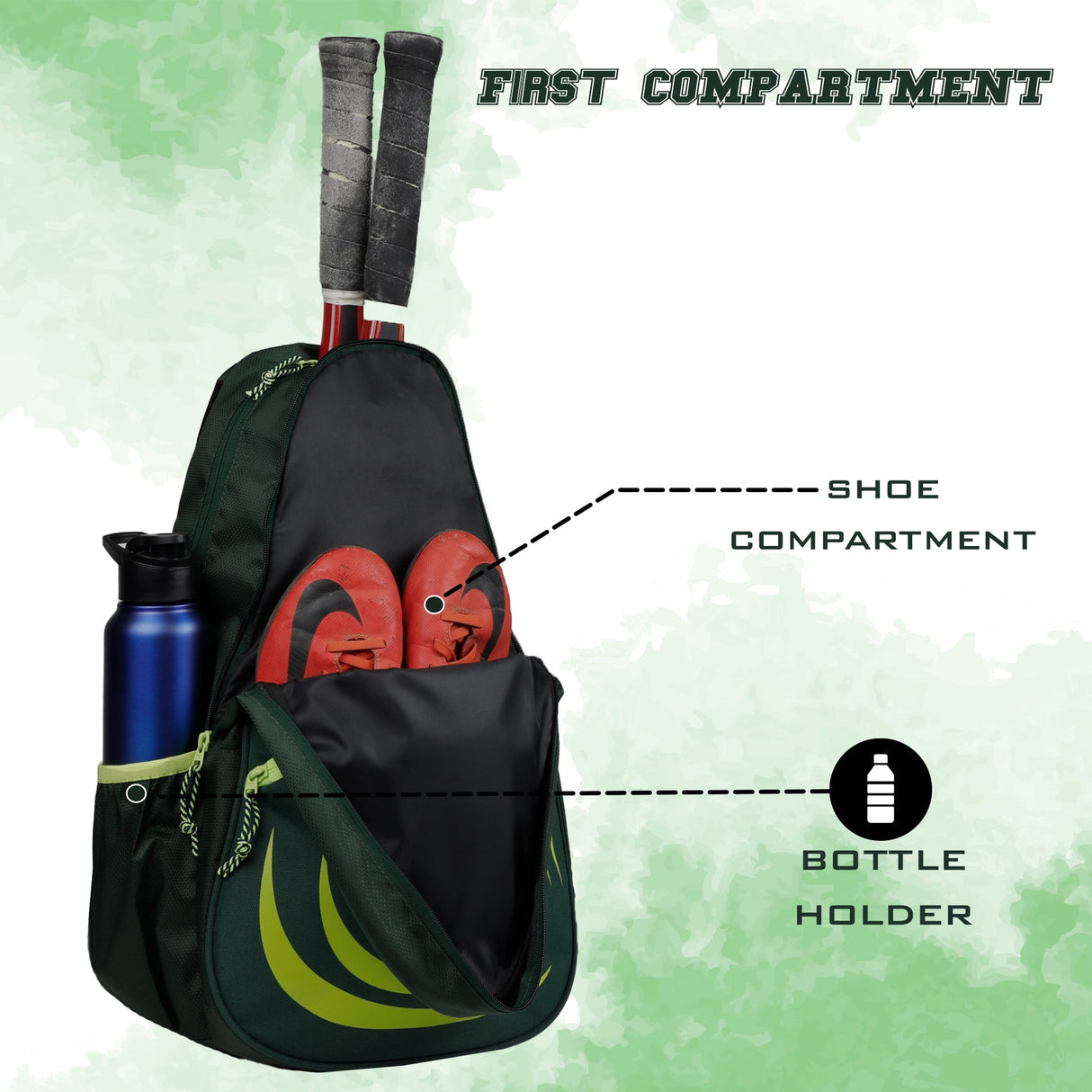 Ace Green 28L Unisex Lightweight Stylish Tennis Badminton Squash Equipment Kit Bag |Shuttle Bag |Shoe Pocket|Backpack Style|Spacious Storage Compartment|Rackets Tennis-6 Badminton-8