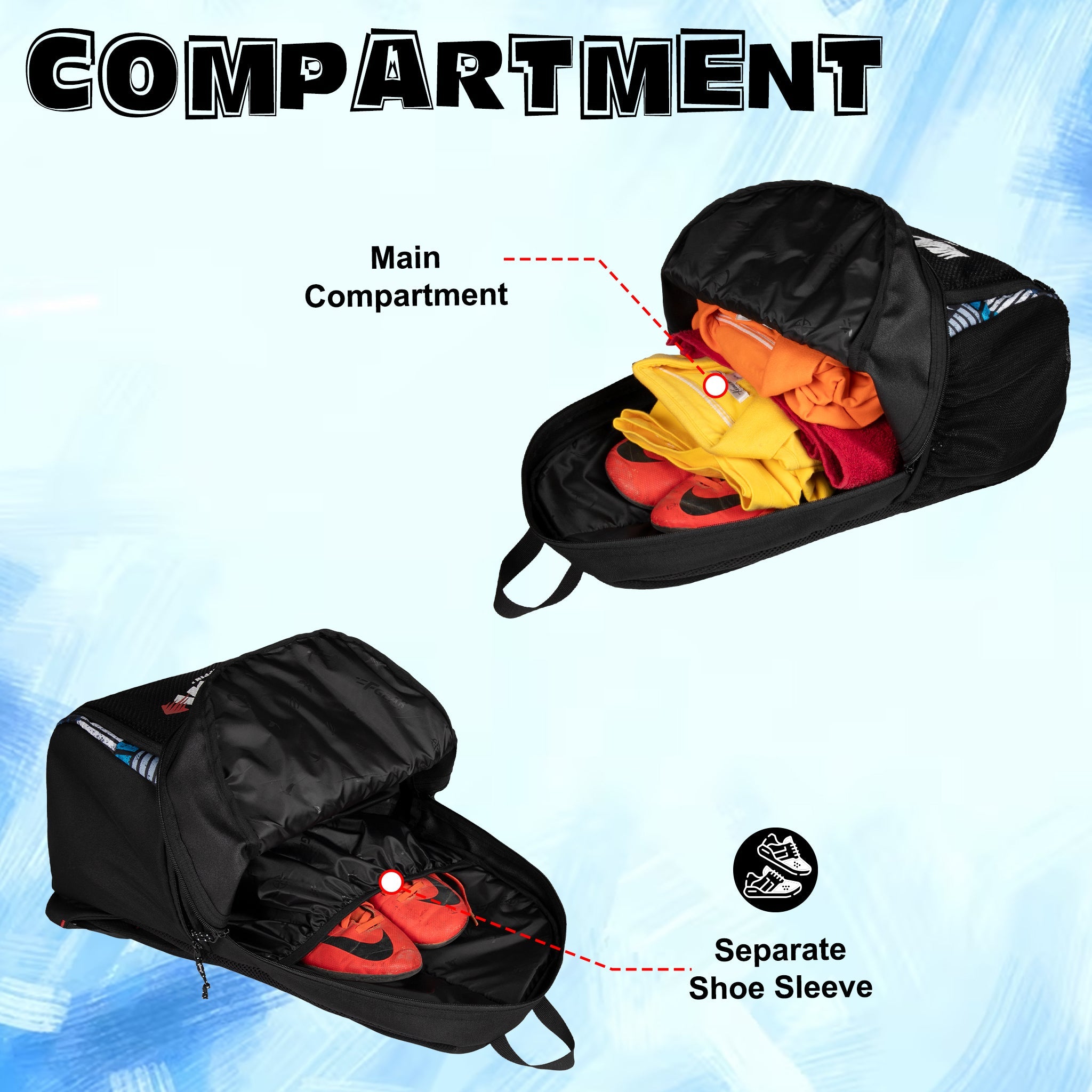 Thunderbolt 28L Blue Printed |Football Basketball Volleyball Equipment Backpack Bag|Kit Bag|Soccer Bag|Boys Kids Adult Men|Mesh Shoe or Ball Pocket|Bottle Holder| Easy Access Pocket