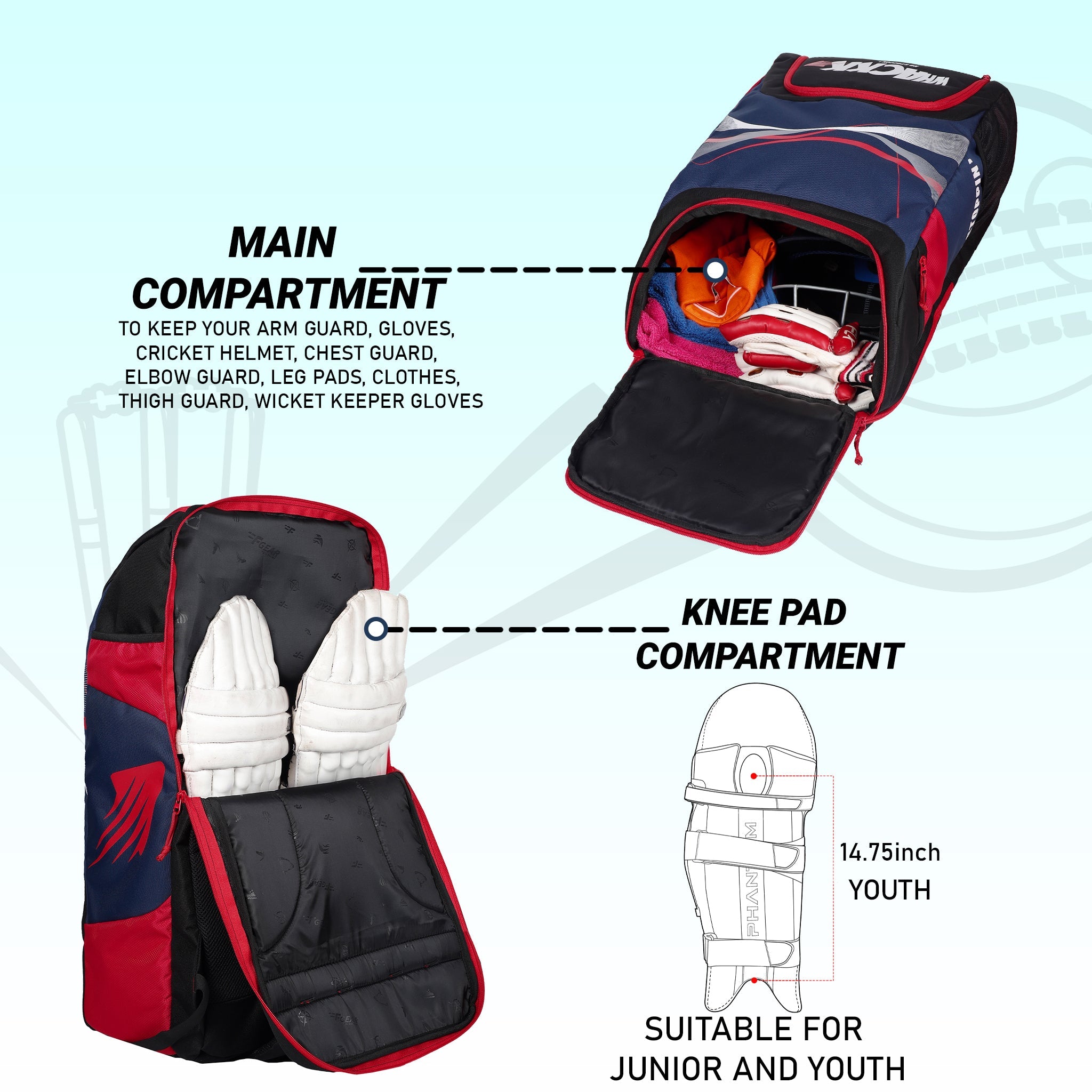 Bradman Blue Red Cricket Kitbag for Youth |Player Edition 2 Bat Pocket Shoe Pocket |Big Main Comp Fit 15.5 inch Leg Pad |Bottle Holders |Easy Access Pocket