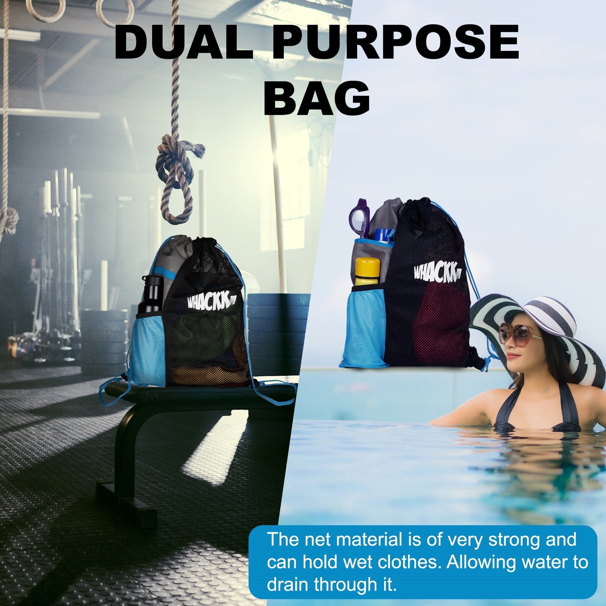 Joss Blue Grey 9L|Sports Bag|Swimming Equipment Bags|Netball Bags|Dry Bags|Drawstring Bag for Shoes & Clothes|Sports Gear|Accessory Pocket |Gym Bag |Tuition Bag|1 Bottle Holder