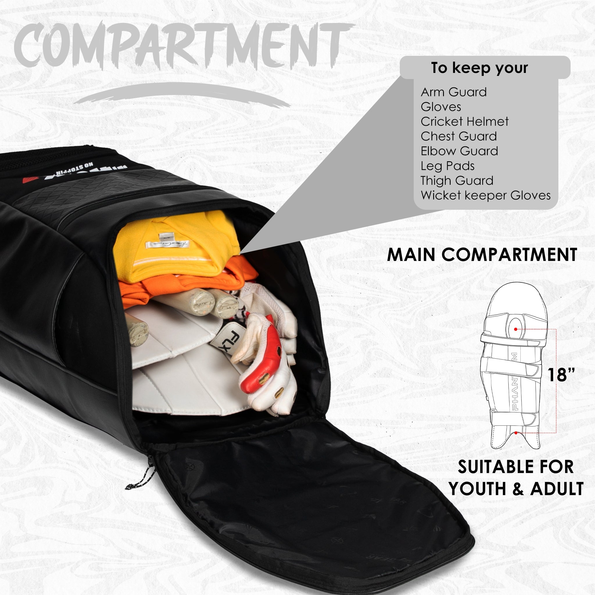 Lara Blk 72L | Premium Artificial Vegan Faux Leather Cricket Backpack|KitBag|Adult Size|2 Bat Pocket|Shoe/Helmet Pocket|Fit 18" Leg Pad 2 Bottle Holder|Easy Access|Player Senior,Black