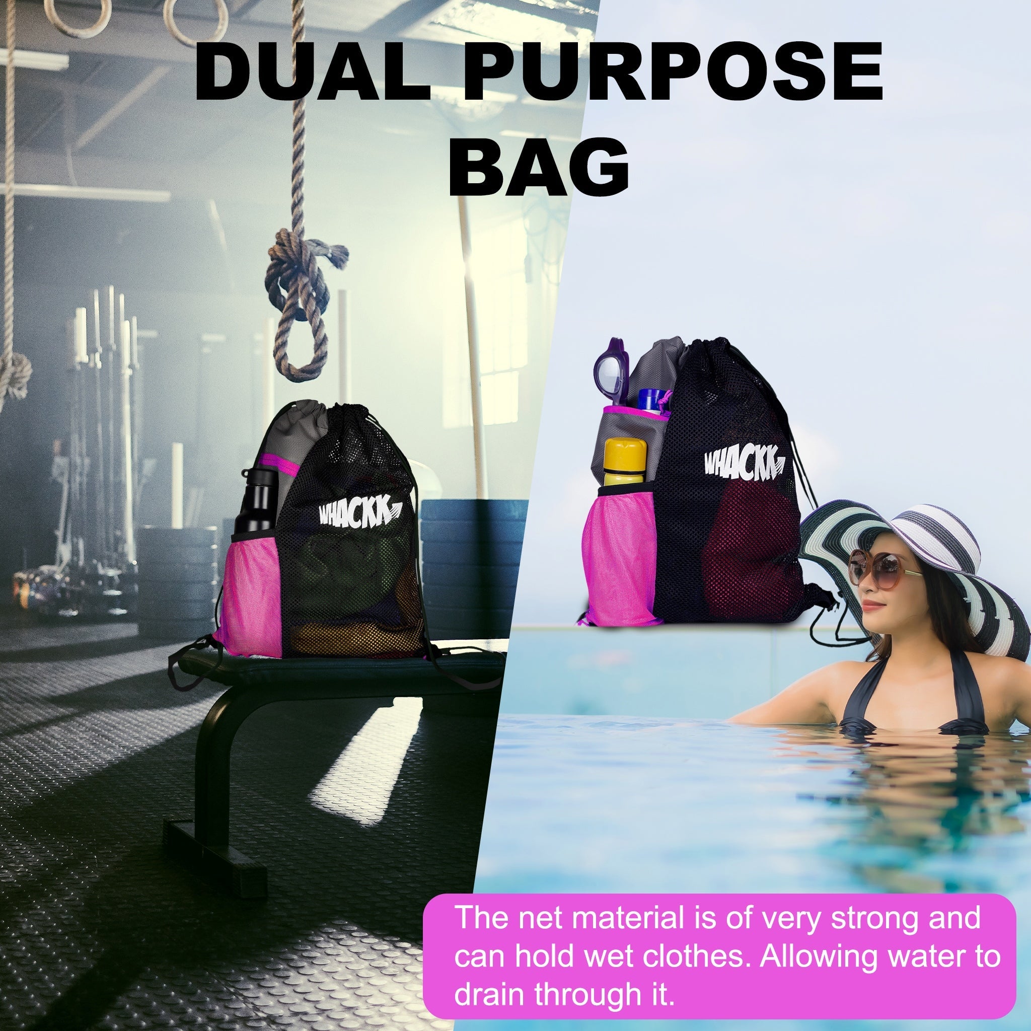 Joss 9L Pink Grey |Sports Bag|Swimming Equipment Bags|Netball Bags|Dry Bags|Drawstring Bag for Shoes & Clothes|Sports Gear|Accessory Pocket |Gym Bag |Tuition Bag|1 Bottle Holder