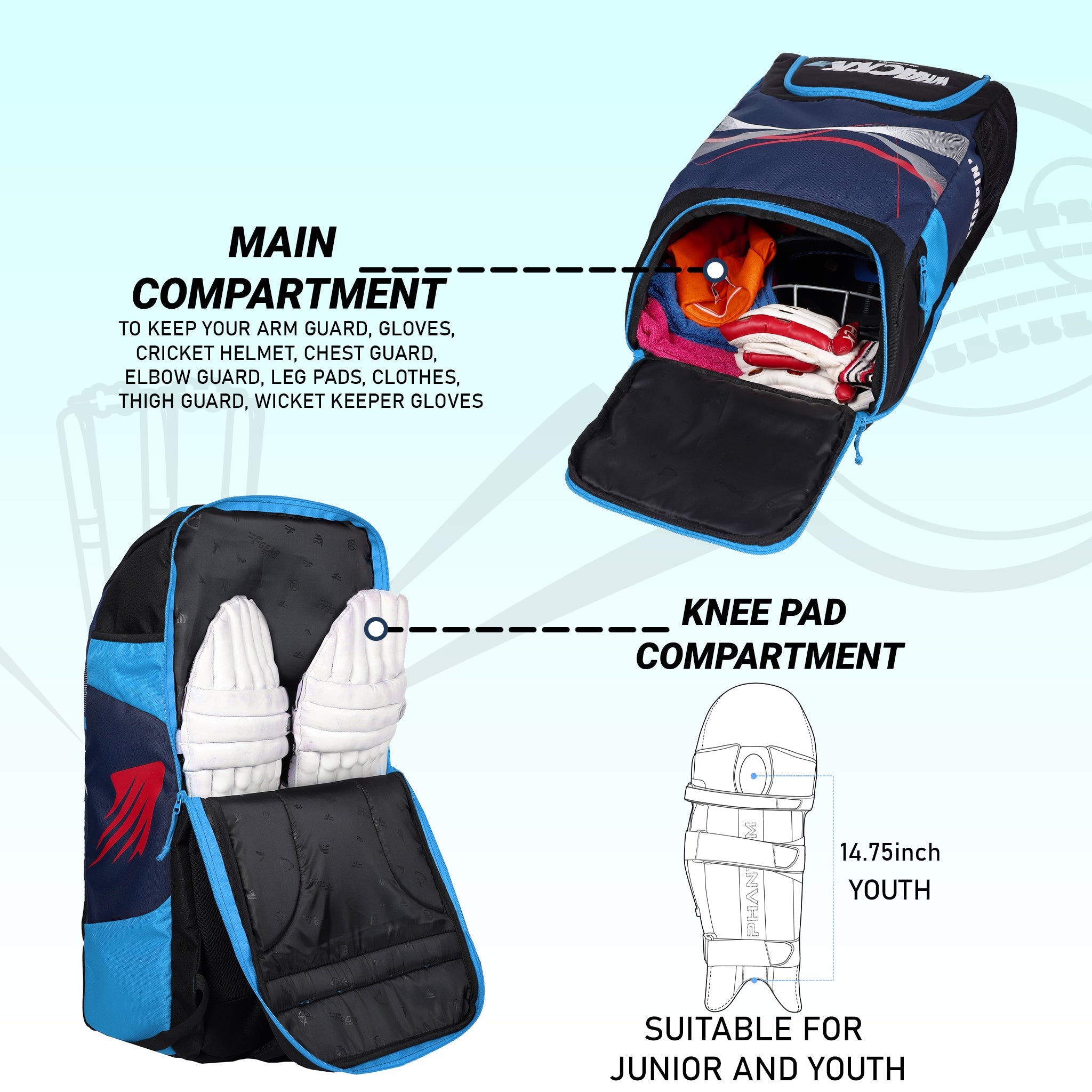 Bradman Blue Navy Cricket Kitbag for Youth |Player Edition 2 Bat Pocket Shoe Pocket |Big Main Comp Fit 15.5 inch Leg Pad |Bottle Holders |Easy Access Pocket