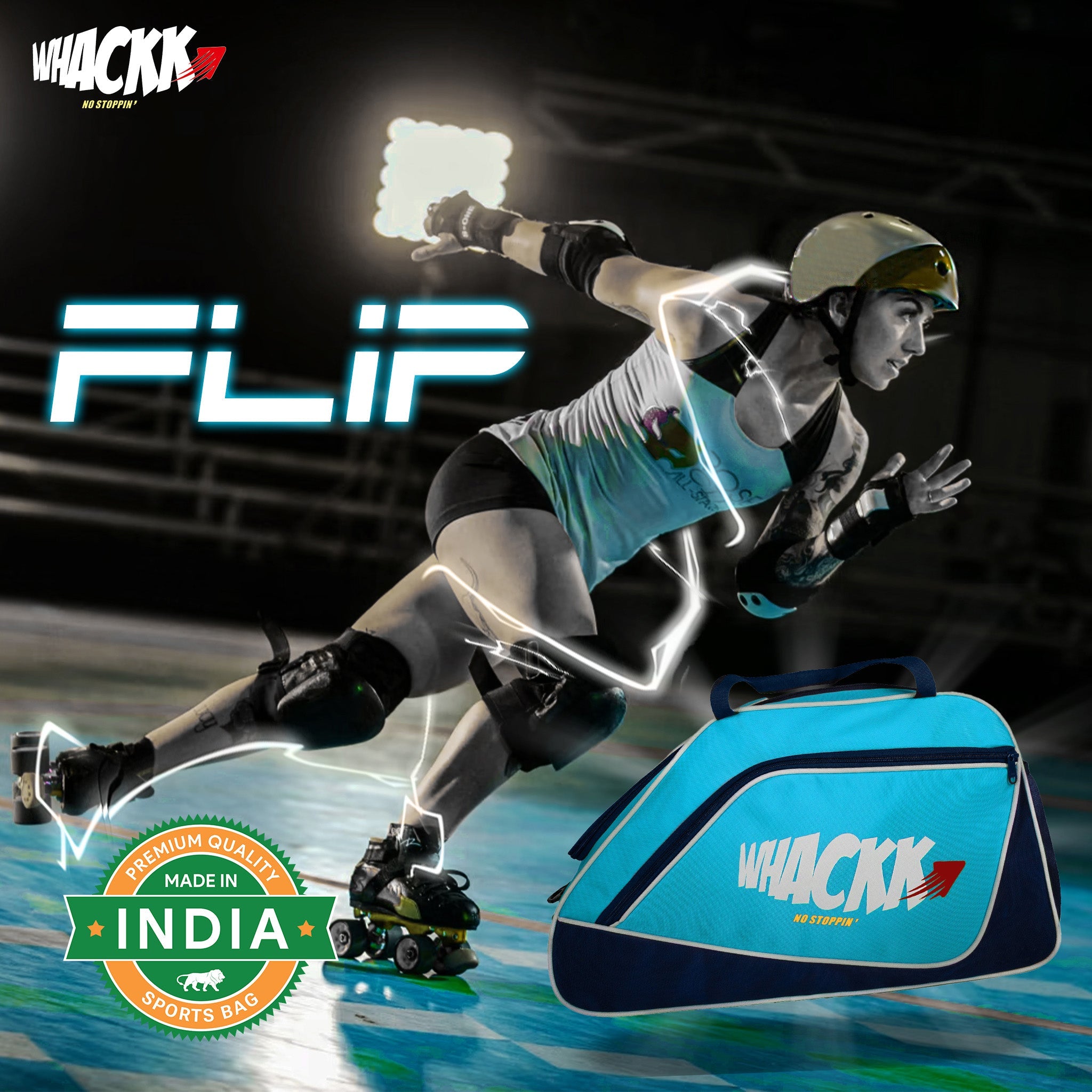 Flip Senior Blue 33L|Skating/Gym/Sports/Travel Bag|Inline Roller Equipment Bag|Quad Ice Skates Kit|KitbagEasy Access Pocket|2 Bottle Holders|Compartment Fits in Helmet & Skates 11"