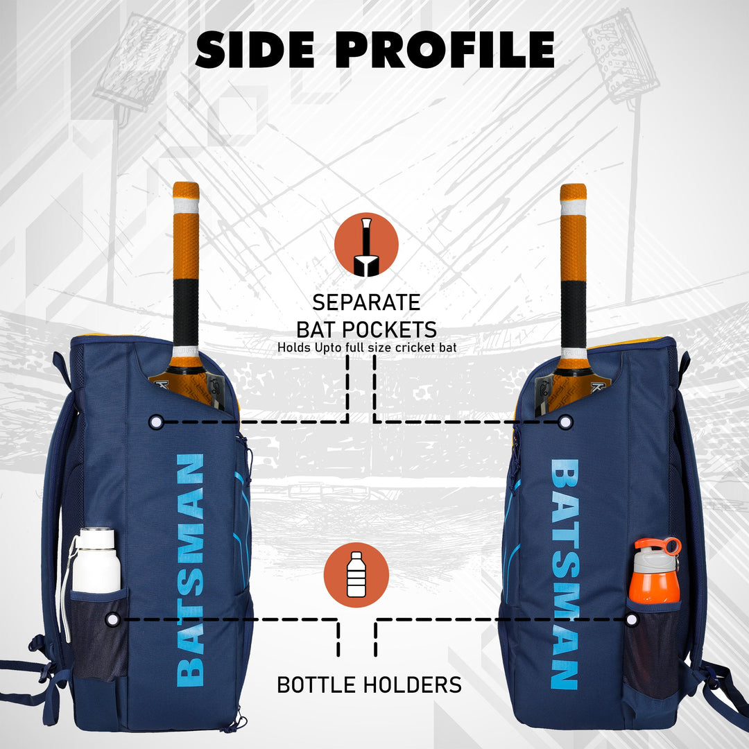 Batsman Navy Orange Cricket Kit Bag Backpack |Juniour & Youth Kitbag |Player Edition 2 Bat Pockets Shoe Pocket |Big Main Comp. Fits 15.5 inch Leg Pad|2 Bottle Holders