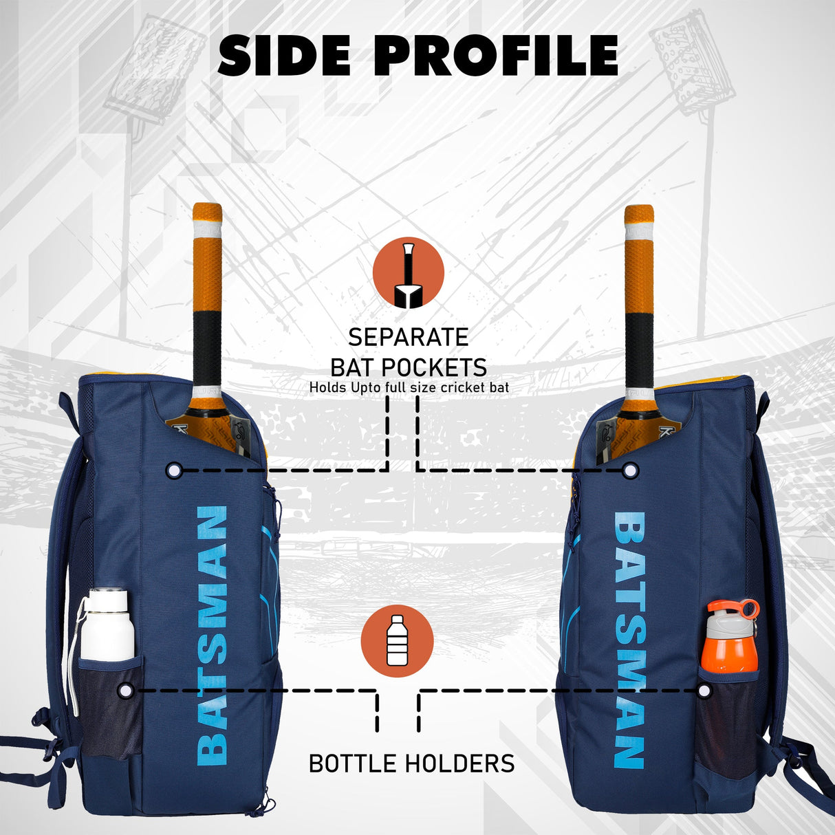 Batsman Navy Orange Cricket Kit Bag Backpack |Juniour & Youth Kitbag |Player Edition 2 Bat Pockets Shoe Pocket |Big Main Comp. Fits 15.5 inch Leg Pad|2 Bottle Holders