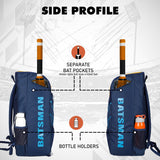 Batsman Navy Orange Cricket Kit Bag Backpack |Juniour & Youth Kitbag |Player Edition 2 Bat Pockets Shoe Pocket |Big Main Comp. Fits 15.5 inch Leg Pad|2 Bottle Holders