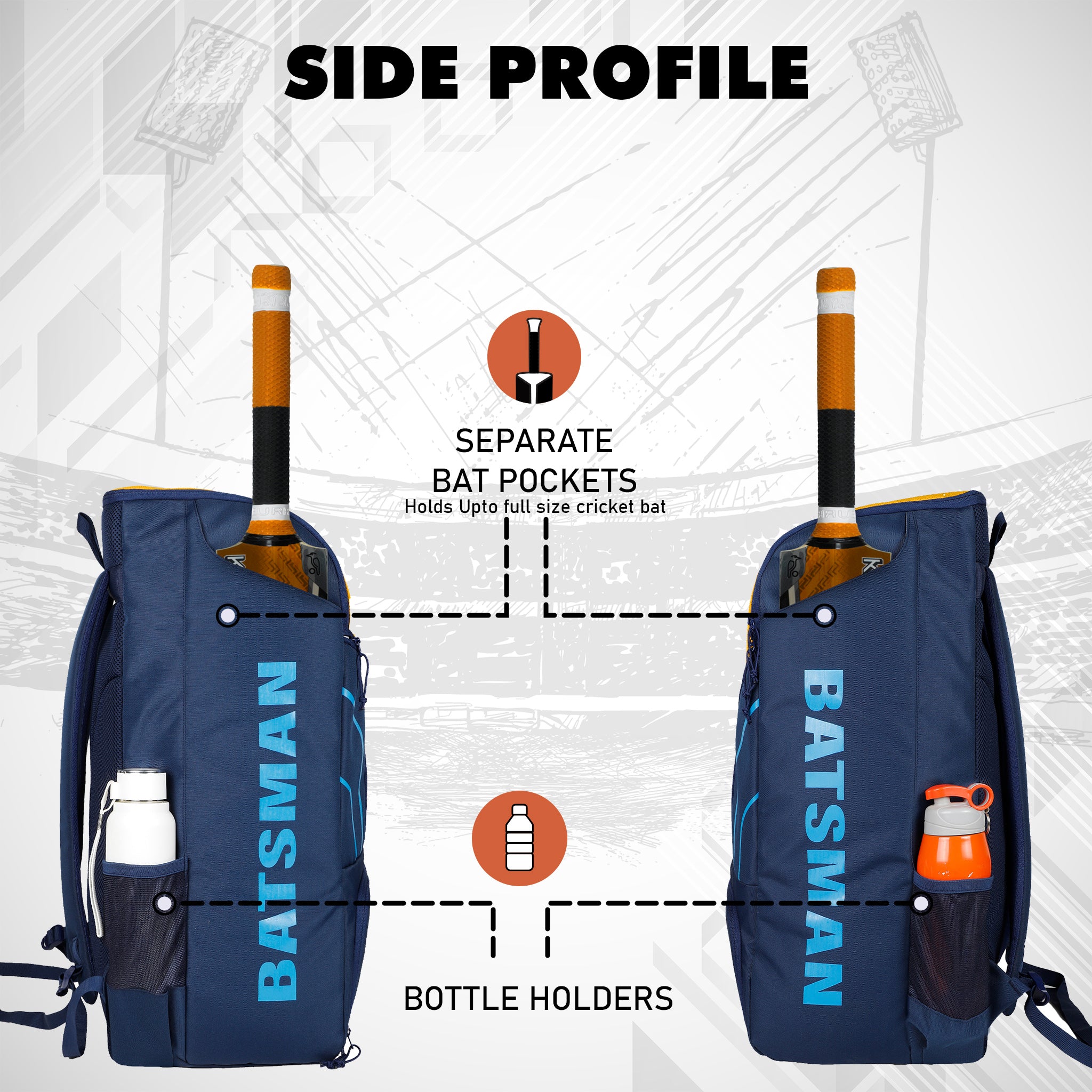 Batsman Navy Orange Cricket Kit Bag Backpack |Juniour & Youth Kitbag |Player Edition 2 Bat Pockets Shoe Pocket |Big Main Comp. Fits 15.5 inch Leg Pad|2 Bottle Holders