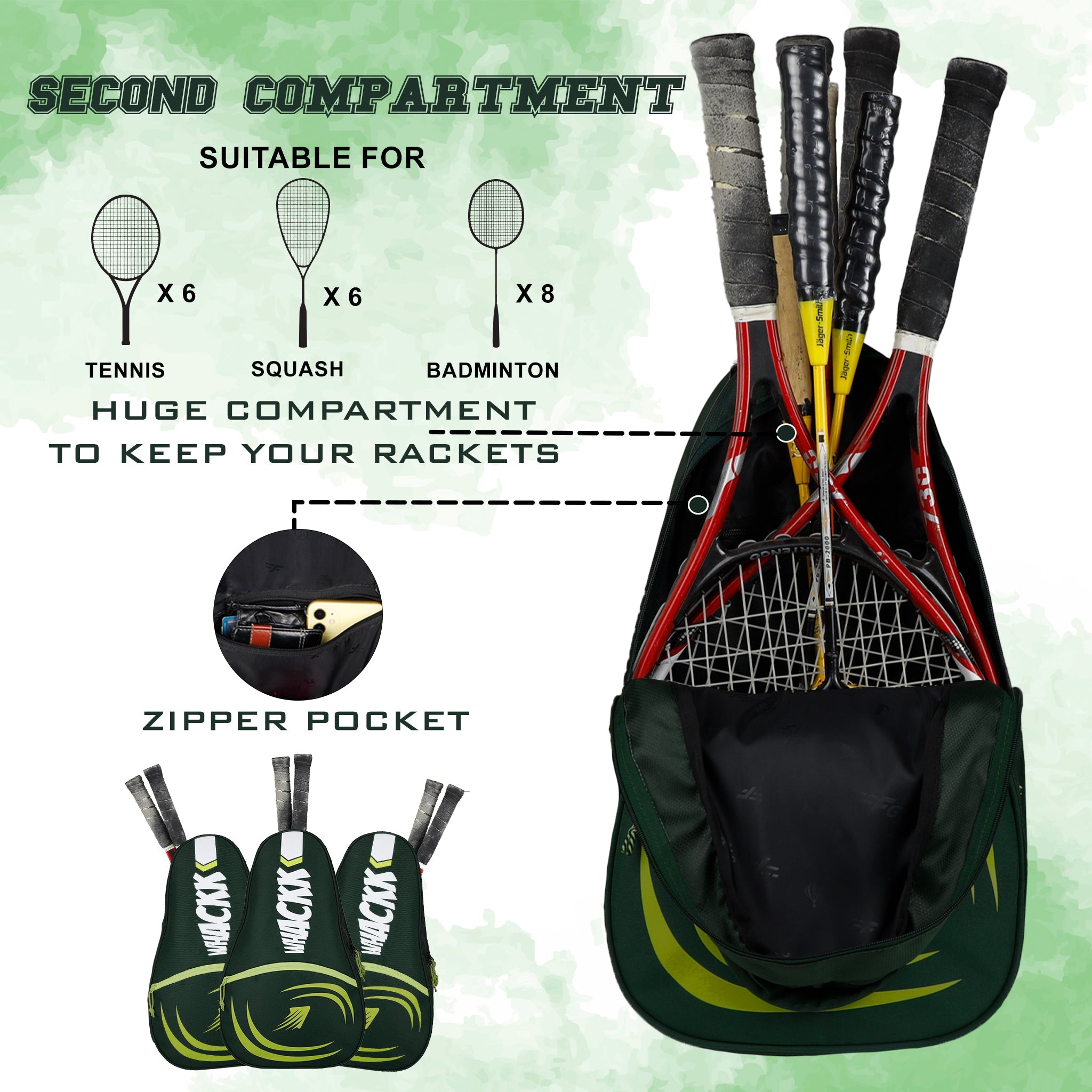 Ace Green 28L Unisex Lightweight Stylish Tennis Badminton Squash Equipment Kit Bag |Shuttle Bag |Shoe Pocket|Backpack Style|Spacious Storage Compartment|Rackets Tennis-6 Badminton-8