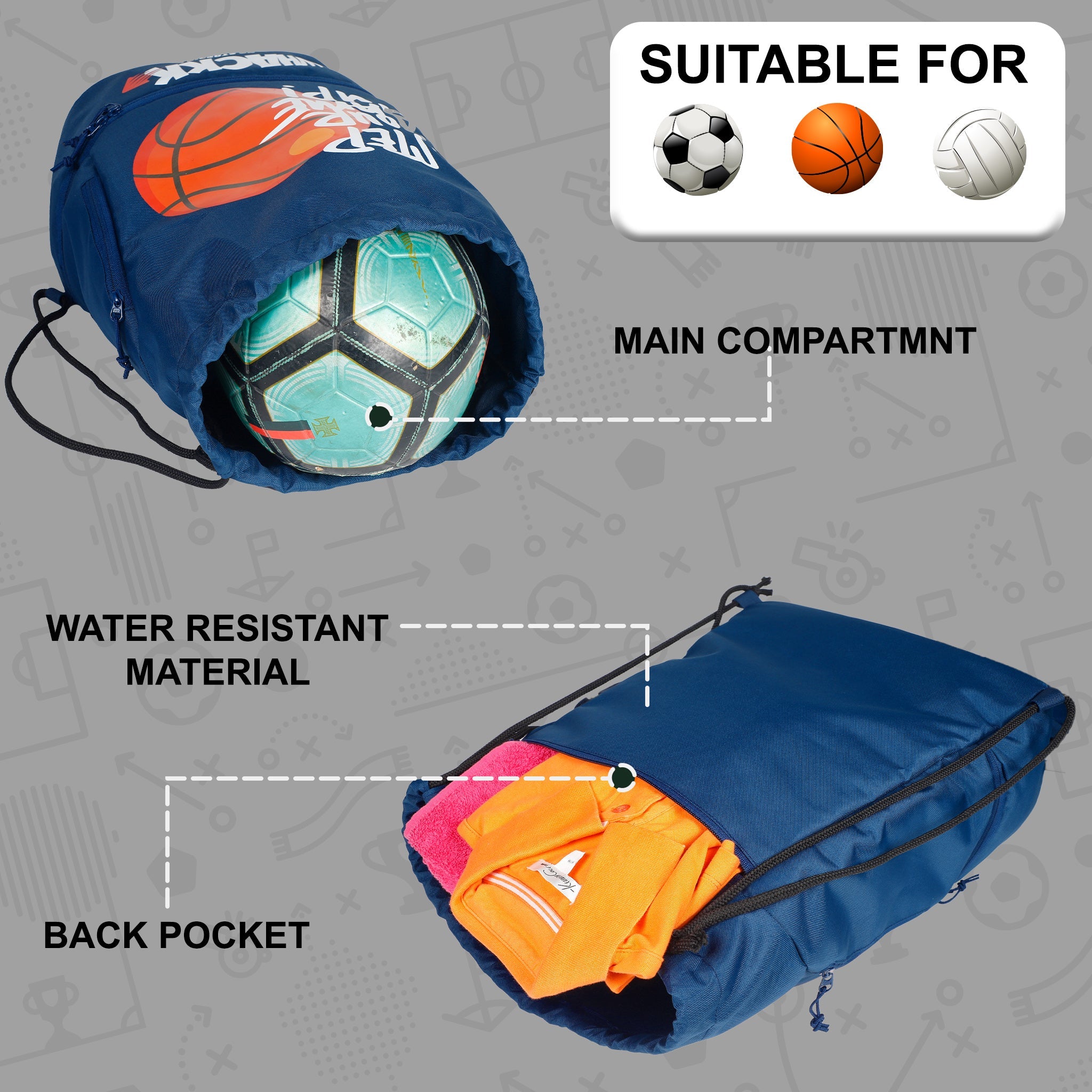 Blitz Blue Soccer|Football Equipment Bags|Basketball Volleyball Throwball Drawstring Backpack Bags|Shoes Mobile Bottle Holder Pocket|Sports Men Boys Bag|Dori Backpack |Gym Bag|Kitbag Kit Bag